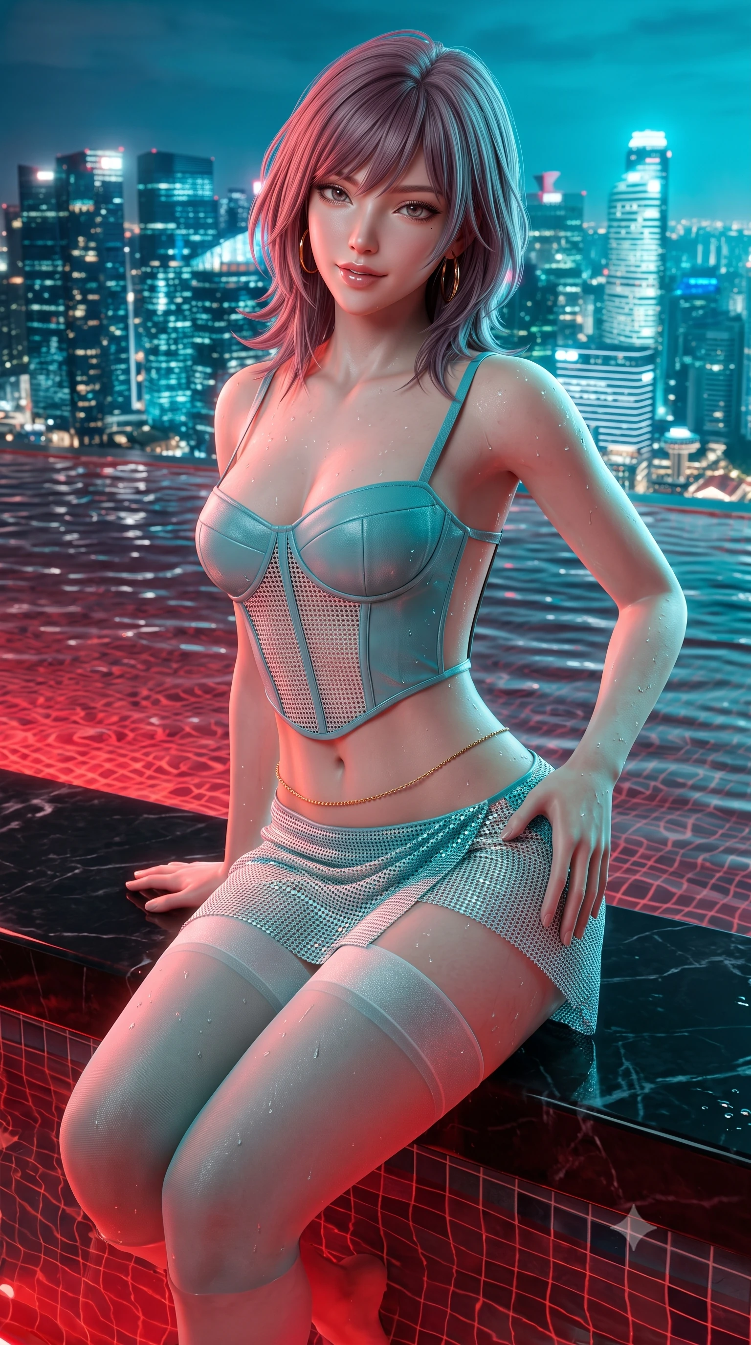 score_9, masterpiece, best quality, ultra-detailed, high-budget anime keyframe, semi-realistic 3D game render, editorial fashion photography, tasteful artistic composition, Japanese woman. close-up cowboy shot from the waist and thighs up, the character dominates the composition, filling the frame with her large presence. tilting her head with a teasing half-smile, running one hand slowly down the side of her hip in a flirtatious S-curve as ambient light caresses her silhouette while sitting on the submerged black marble ledge of the 60th-floor rooftop pool, arching her spine with wet-look siren grace as metropolis lights ripple across the water. The surrounding environment is rendered in vivid detail and crisp panoramic clarity: detailed wet-look liquid vinyl bodysuit cling, gold hoop earrings shine, and high-altitude infinity pool craft in high resolution. She has an exceptionally elegant, slender, and willowy female figure with an ultra-slim waist, flat toned midriff, narrow ribcage, and sculpted feminine hips creating an alluring, slim hourglass silhouette without bulk. sharp v-shaped jawline, high-bridge nose, sparkling eyes with hypnotic seductive depth, thick curled eyelashes, glossy parted lips with a natural dewy peach sheen, alluring bedroom-eyes with an enchanting coquettish smile, exuding magnetic siren charisma and sophisticated glamour, flawlessly proportioned anatomical accuracy, strict slender model proportions, natural body alignment, perfectly sculpted long slender limbs, ultra-slim waistline, clean dynamic posture without body distortion. wearing a structured boned leatherette corset bodice paired with an ultra-short micro-wrap mini skirt and sheer thigh-high stockings in Maldives ocean cyan and shimmering pearl white, crafted from shimmering fluid chainmail mesh reflecting ambient lights, accented with a dainty gold belly chain resting across her flat midriff and curving hips, the precision-cut side openings and low-back scoop framing her graceful spine and the sensual sweep of her slim, toned hips. bathed in warm underwater crimson pool illumination paired with cold neon cyan ambient skyline glow. highly saturated vibrant anime colors, detailed shading with soft gradients, rich glossy textures, high-contrast stereoscopic depth, volumetric dynamic lighting, master piece, 9:16 ratio