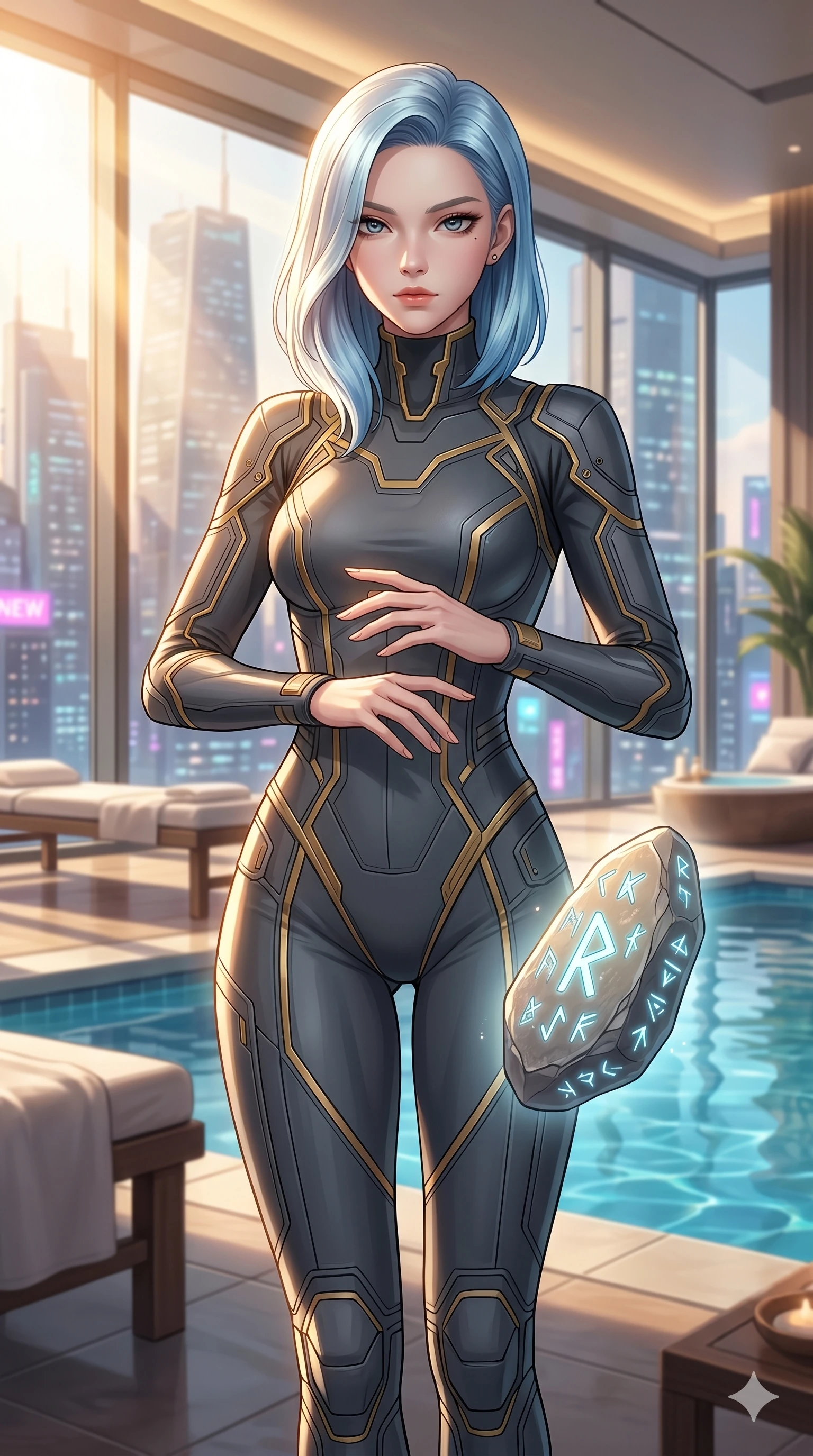 score_9, masterpiece, best quality, ultra-detailed, high-budget anime keyframe, editorial fashion photography, tasteful artistic composition, Korean woman. cowboy shot from the thighs up, character and outfit filling the frame for maximum editorial presence. gazing at a floating runestone, her expression composed, intelligent and powerful in a luxury penthouse spa overlooking a glowing neon city skyline (Code-P17-053). She has an absolutely perfect 8-heads proportion, an exceptionally tall and slender female figure with impossibly long slender legs and an ultra-slim waist. V-shaped jawline, high-bridge nose, intricate jewel-like eyes with depth, thick eyelashes, glossy lips with a natural sheen. wearing a structured high-neck pilot suit with gold accents. drenched in brilliant afternoon sunshine, casting warm rays that trace her athletic build. 2k, ultra detail, master piece, 9:16 ratio