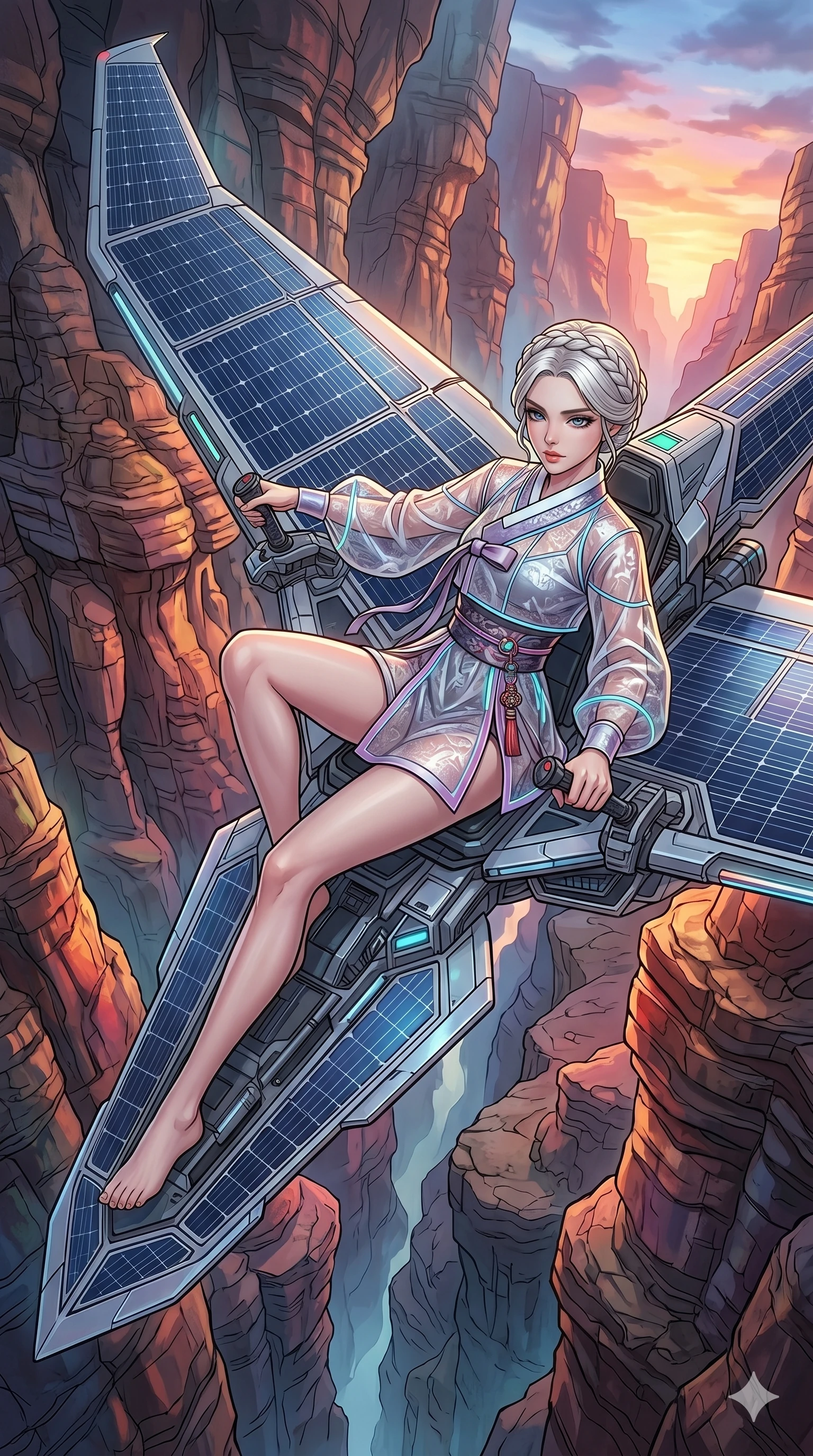 score_9, masterpiece, best quality, ultra-detailed, high-budget anime movie keyframe, cinematic anime lighting, intricate line art, Japanese woman. Mid-air action shot capturing a graceful twist and vertical silhouette. piloting a glider made of solar panels through a canyon. She has an absolutely perfect 8-heads proportion, an exceptionally tall and slender female figure with an ultra-slim waist and impossibly long slender legs. strictly human anatomy, two legs only, no extra limbs, clearly defined legs and arms, perfect anatomy, perfect hands and fingers. sharp v-shaped jawline, high-bridge nose, intricate jewel-like eyes, thick eyelashes, glossy lips. Wearing Modern Traditional: Shortened cyber-hanbok with fusion silk robes and transparent panels. The scene is illuminated by dramatic atmospheric lighting and vibrant color palettes. , 2k, ultra detail, master piece, 9:16 ratio