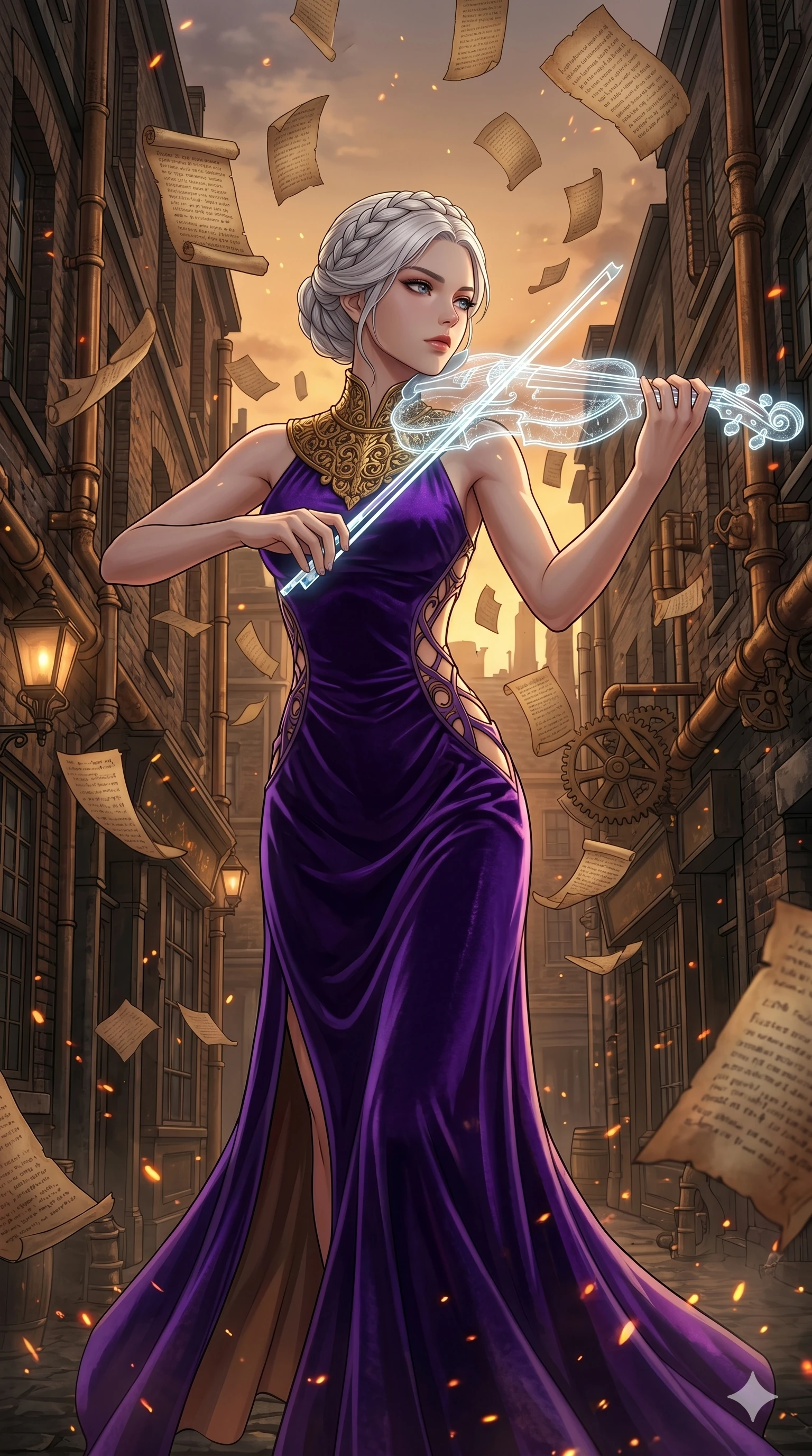 score_9, masterpiece, best quality, ultra-detailed, Set A: High-budget Anime Keyframe, Japanese woman. Low angle cowboy shot filling the entire 9:16 frame with her statuesque presence. Theme: Urban Decay. playing a holographic violin in a steampunk London alleyway, surrounded by a whirlwind of 163 floating ancient scrolls. The atmosphere is filled with golden hour with floating embers. She has an absolutely perfect 8-heads proportion, an exceptionally tall and slender female figure with impossibly long slender legs and an ultra-slim waist. Sharp v-shaped jawline, high-bridge nose, intricate jewel-like eyes with depth, glossy lips. Wearing Royal purple velvet gown with a massive gold-engraved neck-piece and open sides. Cinematic lighting, vivid colors, dramatic shadows, 2k, ultra detail, master piece, 9:16 ratio