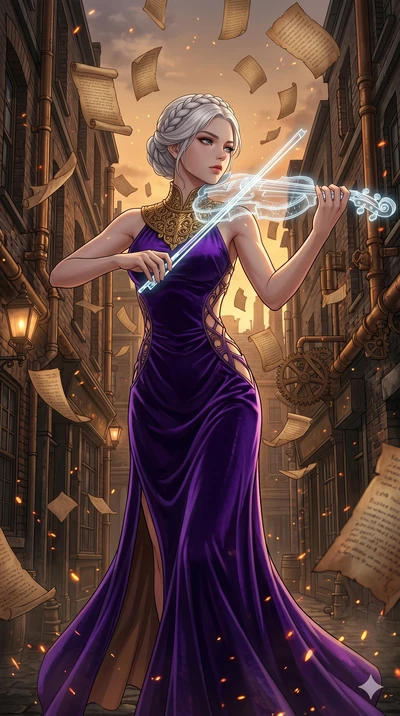 score_9, masterpiece, best quality, ultra-detailed, Set A: High-budget Anime Keyframe, Japanese woman. Low angle cowboy shot filling the entire 9:16 frame with her statuesque presence. Theme: Urban Decay. playing a holographic violin in a steampunk L