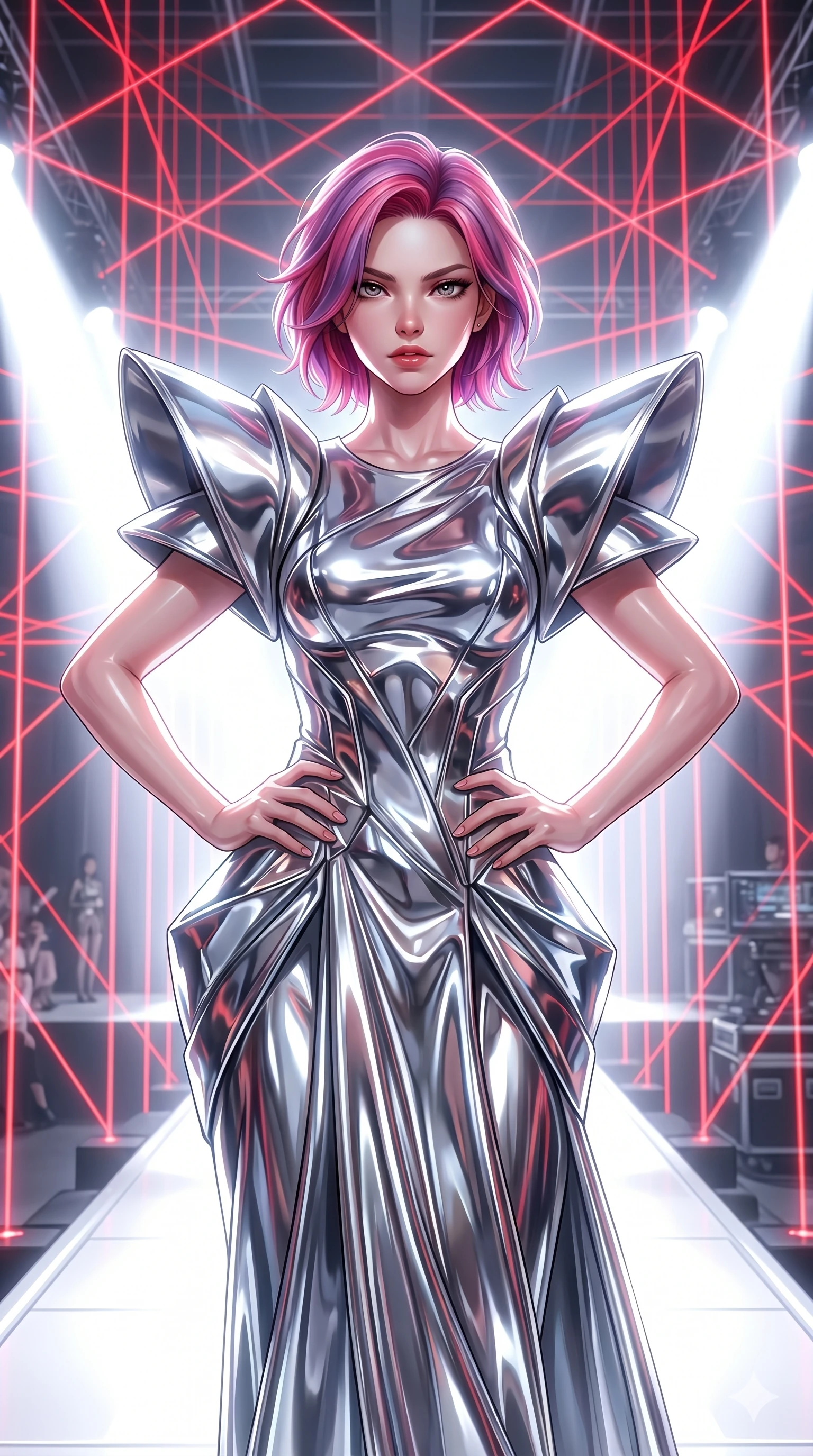 score_9, masterpiece, best quality, ultra-detailed, high-budget anime keyframe, semi-realistic 3D game render, Caucasian woman, strictly human ears. Upper body close-up from the thighs up, character filling the screen for maximum presence. On a high-tech catwalk during a futuristic fashion show, striking a confident pose at the end of the runway with a bold gaze. She is wearing an avant-garde dress in liquid-chrome finish with dramatic structural shoulder pieces. The scene is drenched in blindingly bright white spotlights and a red laser grid backdrop. 2k, ultra detail, master piece, 9:16 ratio