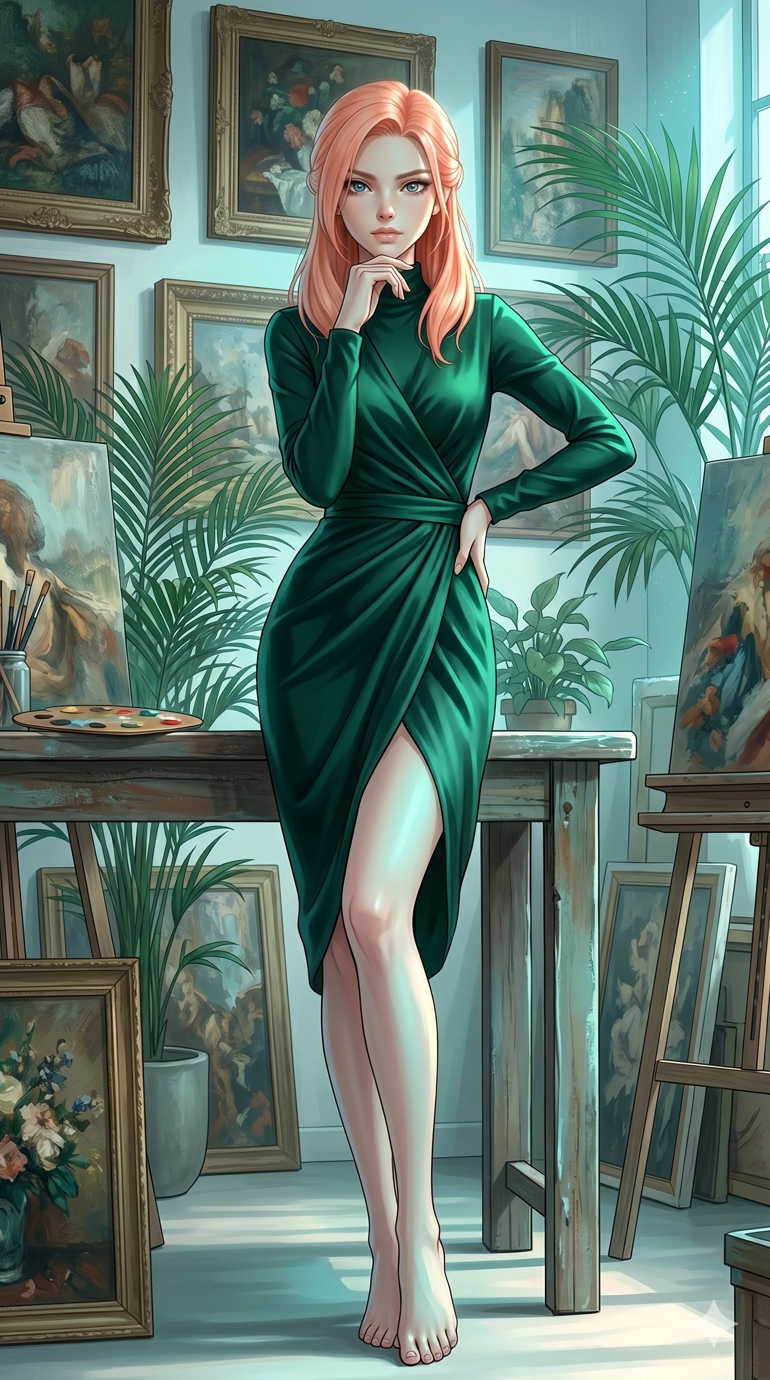 score_9, masterpiece, best quality, ultra-detailed, high-budget anime keyframe, editorial fashion photography, tasteful artistic composition, Japanese woman. low angle full-body shot from head to toe showing her feet, filling the entire 9:16 vertical frame with her statuesque presence, stretching her vertical silhouette. resting her chin on her hand, looking directly at the camera with a confident, piercing gaze inside a quiet art atelier filled with oil paintings and potted palms (Code-P18-026). She has an absolutely perfect 8-heads proportion, an exceptionally tall and slender female figure with impossibly long slender legs and an ultra-slim waist. V-shaped jawline, high-bridge nose, intricate jewel-like eyes with depth, thick eyelashes, glossy lips with a natural sheen. wearing a long-sleeved high-neck wrap dress in dark emerald green silk. soft aqua bioluminescent light reflecting from the ocean depth, making her skin glow. 2k, ultra detail, master piece, 9:16 ratio