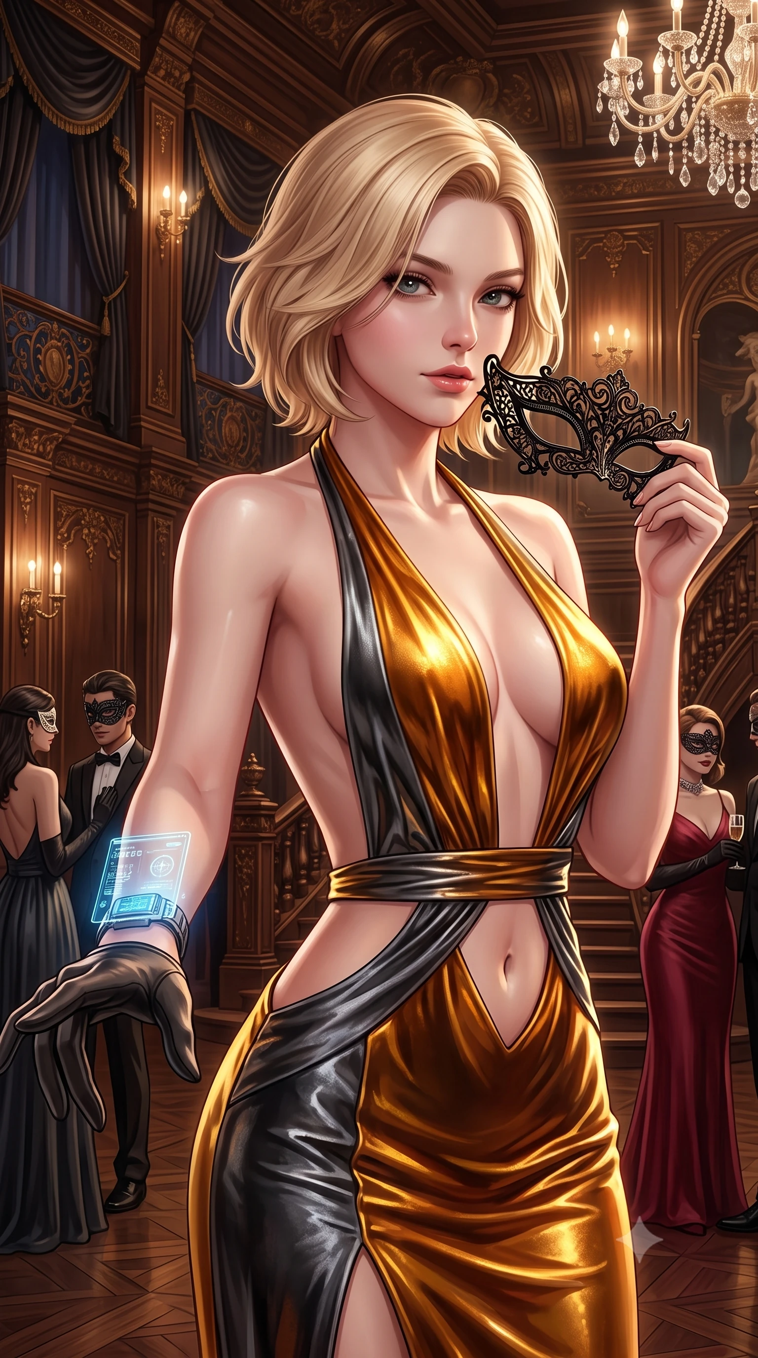 score_9, masterpiece, best quality, ultra-detailed, high-budget anime keyframe, semi-realistic 3D game render, editorial fashion photography, tasteful artistic composition, Caucasian woman. close-up cowboy shot from the waist and thighs up, the character dominates the composition, filling the frame with her large presence. extending one slender arm gracefully toward the foreground while casting an affectionate, mesmerizing glance while attending a lavish masquerade ball in an opulent baroque mansion, holding an intricate filigree lace mask to her captivating eyes. The surrounding environment is rendered in vivid detail and crisp panoramic clarity. luxurious neo-noir romance chiaroscuro and lavish historical mansion opulence rendered with precision. She has an exceptionally elegant, slender, and willowy female figure with an ultra-slim waist, a gracefully sculpted slender torso, toned flat midriff, and a refined slim silhouette. sharp v-shaped jawline, high-bridge nose, intricate jewel-like eyes with depth, thick eyelashes, glossy lips with a natural sheen, captivating and magnetic expression, flawlessly proportioned anatomical accuracy, strict slender model proportions, natural body alignment, perfectly sculpted long slender limbs, ultra-slim waistline, clean dynamic posture without body distortion. wearing a plunging halter-neck liquid-metallic column dress with a dramatic bare spine in molten amber-gold and dark gunmetal, crafted from heavyweight crushed silk velvet with liquid luster, equipped with a wrist-mounted miniature holographic display terminal, the precision-cut daring openings accentuating her delicate midriff, graceful bare collarbones, and ultra-slim feminine waistline. illuminated by crisp specular highlights tracing her bare clavicle, ultra-slim waist, and flowing gown. highly saturated vibrant anime colors, detailed shading with soft gradients, rich glossy textures, high-contrast stereoscopic depth, volumetric dynamic lighting, master piece, 9:16 ratio