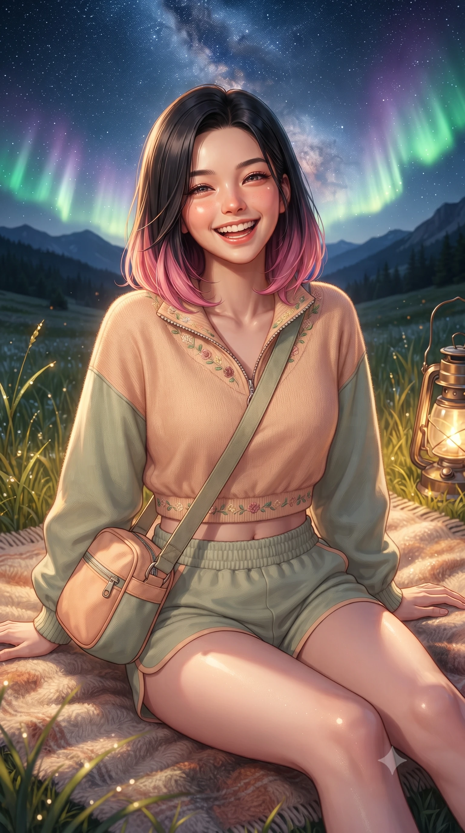 score_9, masterpiece, best quality, ultra-detailed, high-budget anime keyframe, editorial fashion photography, tasteful artistic composition, Korean woman. close-up cowboy shot from the waist and thighs up, the character dominates the composition, filling the frame with her large presence. laughing cheerfully with genuine delight, eyes crinkling sweetly as natural golden sunlight illuminates her glowing cheeks while sitting comfortably on a soft wool blanket in a high alpine meadow, gazing up at the brilliant Milky Way with sparkling eyes. The surrounding environment is rendered in vivid detail and crisp panoramic clarity. intricate brass lantern details, dew-kissed grass blades, and vivid galactic dust lanes in panoramic clarity. She has an exceptionally elegant, slender, and willowy female figure with an ultra-slim waist, a gracefully sculpted slender torso, toned flat midriff, and a refined slim silhouette. sharp v-shaped jawline, high-bridge nose, intricate jewel-like eyes with depth, thick eyelashes, glossy lips with a natural sheen, pure and lovely fresh girlhood expression, flawlessly proportioned anatomical accuracy, strict slender model proportions, natural body alignment, perfectly sculpted long slender limbs, ultra-slim waistline, clean dynamic posture without body distortion. wearing a cute sporty pastel windbreaker paired with high-waisted active shorts and a canvas crossbody bag in warm apricot and sage green, knitted from ultra-soft cozy baby-cashmere yarn, complemented by subtle floral embroidery along the neckline and hem, the chic real-way fashion cut emphasizing her effortless charm, flat midriff, and slender model proportions. bathed in dancing emerald and violet aurora glow combined with warm golden brass lantern uplights. ultra-reflective glossy finish, specular highlights, rich natural textures, high-contrast stereoscopic depth, volumetric dynamic lighting, 2k, ultra detail, master piece, 9:16 ratio
