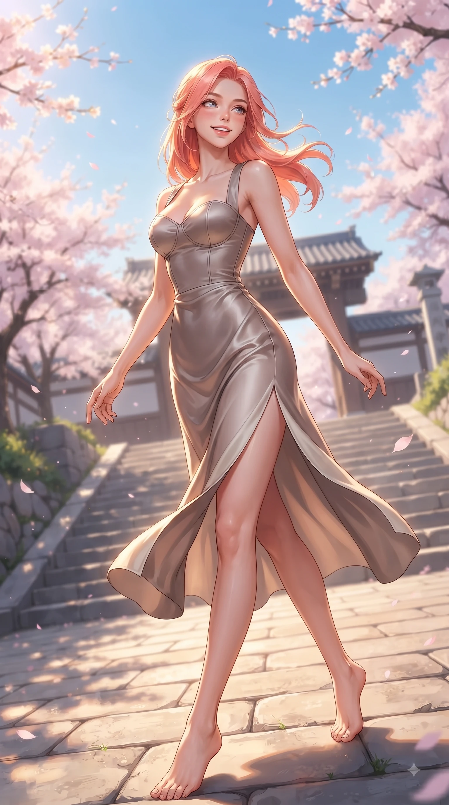 score_9, masterpiece, best quality, ultra-detailed, high-budget anime keyframe, editorial fashion photography, tasteful artistic composition, Japanese woman. low angle full-body shot from head to toe showing her feet, filling the entire 9:16 vertical frame with her statuesque presence, stretching her vertical silhouette. pivoting dynamically in mid-motion with a delighted cute expression, displaying her perfect model proportions while walking up a sunlit hill path lined with blooming cherry trees toward a traditional academy gate, bright spring sunbeams illuminating the scene in soft pastel pink and gold tones. She has an absolutely perfect, statuesque 8.5-heads proportion, an exceptionally tall and slender model-like female figure with impossibly long slender legs and an ultra-slim waist. sharp v-shaped jawline, high-bridge nose, intricate jewel-like eyes with depth, thick eyelashes, glossy lips with a natural sheen, flawlessly proportioned anatomical accuracy, natural body alignment, perfectly sculpted elegant limbs, clean dynamic posture without body distortion. wearing a modern fusion silk hanbok dress with a structured bodice and flowing skirt in muted taupe and soft ivory, crafted from lustrous satin jersey with fluid draping, finished with a sleek side slit ascending to mid-thigh, the form-contouring material highlighting her ultra-slim waist and long lines. bathed in bright morning sunbeams and warm golden sakura backlighting. ultra-reflective glossy finish, specular highlights, metallic sheen, high-contrast stereoscopic depth, volumetric dynamic lighting, 2k, ultra detail, master piece, 9:16 ratio