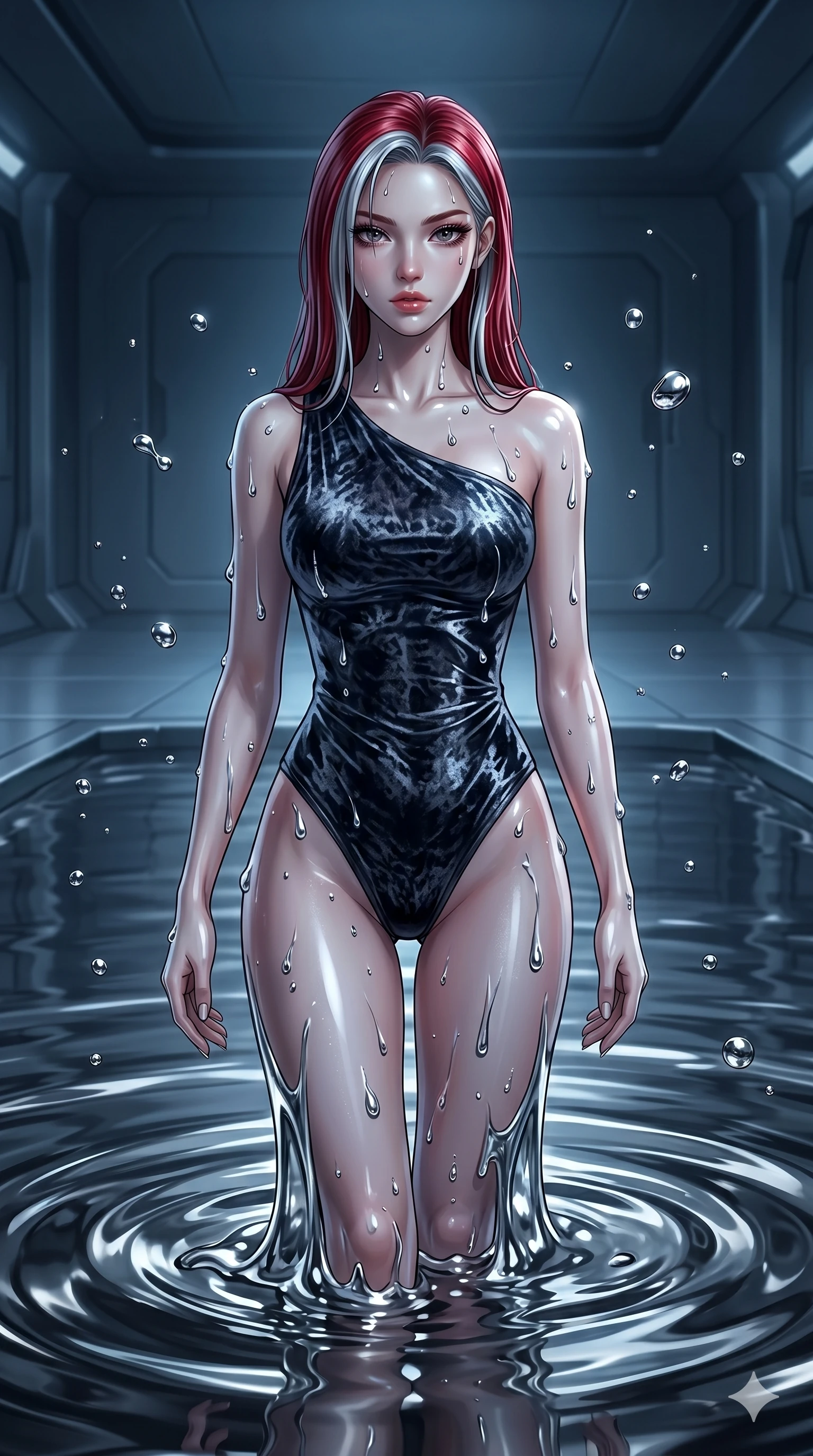 score_9, masterpiece, best quality, ultra-detailed, High-budget Anime Keyframe, East Asian woman. Dynamic full-body shot stretching the vertical silhouette to the limit. Scenario 4: Rising from a pool of mercury-like liquid, droplets rolling off her skin. Her presence is magnetic and overpowering in this high-budget anime scene. Outfit 4: A crushed dark velvet micro-mesh with a low-cut shoulder and wet-look texture. The clothing is designed to emphasize her exceptionally tall and slender 8-heads proportion. 8-heads proportion, towering silhouette, ultra-slim waist. sharp v-shaped jawline, intricate jewel-like eyes with depth, thick eyelashes, glossy lips. 2k, ultra detail, master piece, 9:16 ratio