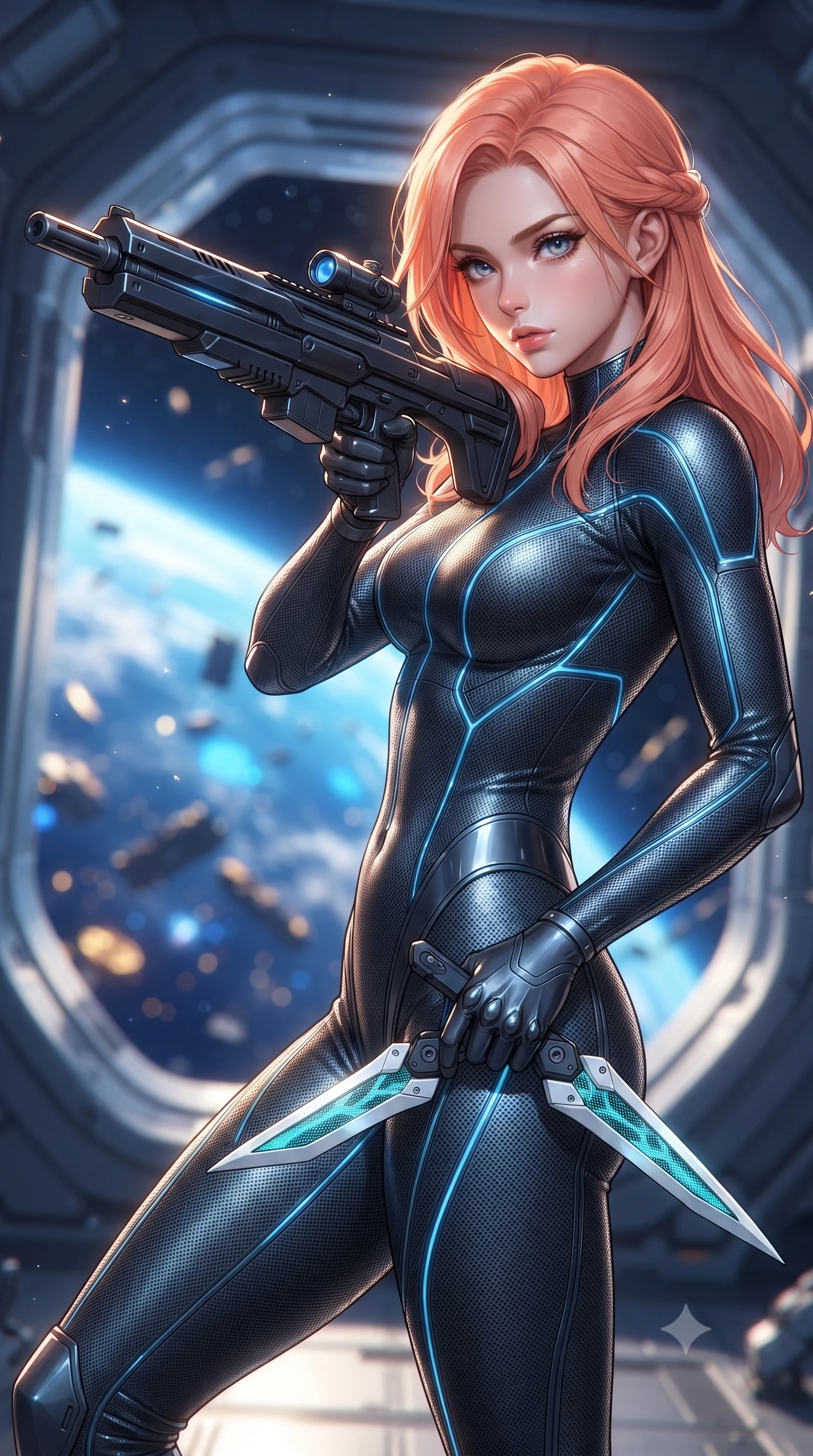 score_9, masterpiece, best quality, ultra-detailed, high-budget anime keyframe, editorial fashion photography, tasteful artistic composition, Japanese woman. close-up cowboy shot from the waist and thighs up, the character dominates the composition, filling the frame with her large presence. twisting her upper body in a dynamic S-curve combat stance, one hand steadying her weapon with commanding supermodel allure while standing poised near the massive open airlock of a zero-gravity orbital hangar while aiming a sleek carbon railgun rifle toward the cosmos. The composition keeps background elements in soft focus with creamy bokeh. glowing blue curvature of planet Earth and floating orbital debris blurred into radiant azure, gold, and indigo bokeh. She has an exceptionally elegant, slender, and willowy female figure with an ultra-slim waist, a gracefully sculpted slender torso, toned flat midriff, and a refined slim silhouette. sharp v-shaped jawline, high-bridge nose, intricate jewel-like eyes with depth, thick eyelashes, glossy lips with a natural sheen, flawlessly proportioned anatomical accuracy, strict slender model proportions, natural body alignment, perfectly sculpted long slender limbs, ultra-slim waistline, clean dynamic posture without body distortion. wearing an aerodynamic dark titanium carbon-mesh jumper with glowing blue fiber lines, holding twin chrome vibro-daggers with deadly supermodel poise in glacial ice-cyan carbon mesh with pure white armor plates, tailored from flexible second-skin carbon-mesh that clings flawlessly to her athletic curves, finished with high-mobility articulation joints and miniature magnetic armor locks, the form-contouring material adhering flawlessly to her sculpted flat midriff and slender torso, emphasizing her long leg lines and perfectly proportioned willowy build. bathed in dazzling natural orbital sunlight and rich blue planetary ambient bounce light. ultra-reflective glossy finish, specular highlights, dark metallic sheen, high-contrast stereoscopic depth, volumetric dynamic lighting, 2k, ultra detail, master piece, 9:16 ratio