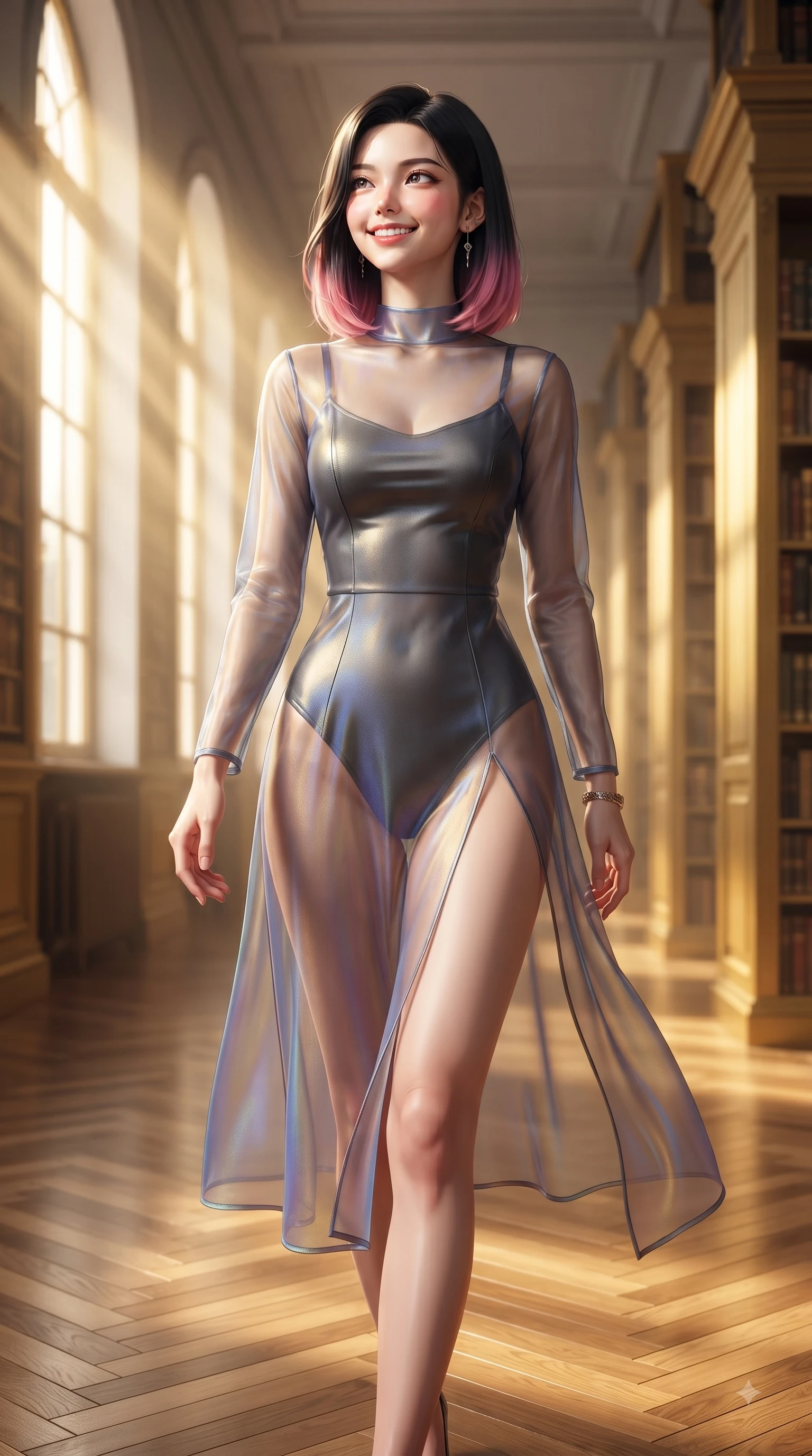 score_9, masterpiece, best quality, ultra-detailed, high-budget anime keyframe, editorial fashion photography, tasteful artistic composition, Korean woman. close-up cowboy shot from the waist and thighs up, the character dominates the composition, filling the frame with her large presence, background elements kept in soft focus. Tilting her chin up with a sweet beaming smile of pure delight while balancing dynamically amidst the scene while walking down a polished parquet aisle flanked by tall golden bookcases with a joyful grin, intense volumetric sunbeams filtering through tall arched windows in golden rays. She has an exceptionally elegant, slender, and willowy female figure with an ultra-slim waist, a gracefully sculpted slender torso, and a refined silhouette. sharp v-shaped jawline, high-bridge nose, intricate jewel-like eyes with depth, thick eyelashes, glossy lips with a natural sheen, flawlessly proportioned anatomical accuracy, natural body alignment, perfectly sculpted elegant limbs, clean dynamic posture without body distortion. wearing a semi-opaque sheer overlay dress over a leather micro-bodysuit in charcoal grey and platinum, crafted from iridescent chiffon that shifts colors in the light, finished with a sleek side slit ascending to mid-thigh, the sleek second-skin texture accentuating her magnetic presence. surrounded by a serene, intelligent, and fresh academic atmosphere. ultra-reflective glossy finish, specular highlights, metallic sheen, high-contrast stereoscopic depth, volumetric dynamic lighting, 2k, ultra detail, master piece, 9:16 ratio