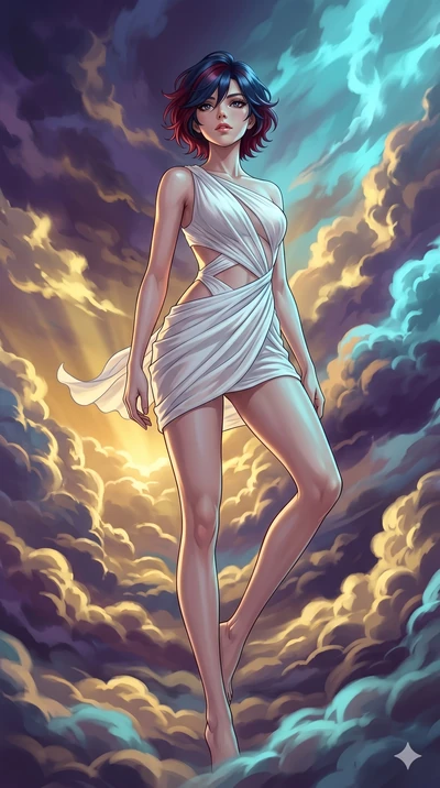 score_9, masterpiece, best quality, ultra-detailed, high-budget anime keyframe, Japanese woman. low angle full-body shot filling the entire 9:16 frame with her statuesque presence, stretching the vertical silhouette. threading through a volumetric cl