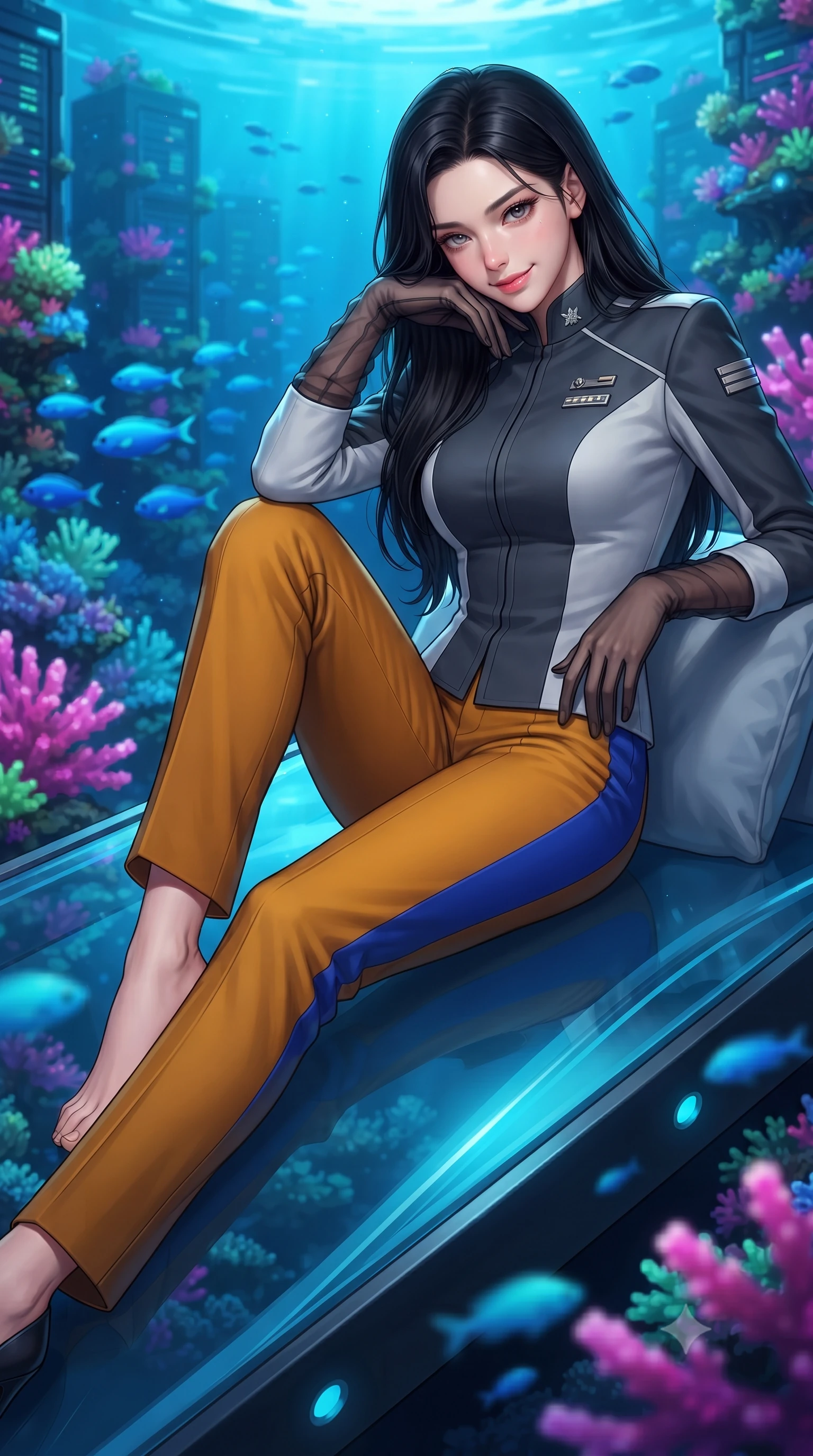 score_9, masterpiece, best quality, ultra-detailed, high-budget anime keyframe, editorial fashion photography, tasteful artistic composition, Korean woman. close-up cowboy shot from the waist and thighs up, the character dominates the composition, filling the frame with her large presence. tilting her head with a teasing half-smile, running one hand slowly down the side of her hip in a flirtatious S-curve as ambient light caresses her silhouette while lounging gracefully across the submersible glass daybed propped on one elbow with legs extended, displaying her long slender limbs and statuesque hourglass silhouette against the reef. The background shows a soft-focus living fluorescent magenta, lime, and violet corals growing across pulsing server towers, schools of electric blue reef fish blurred into coral, mint, and amethyst bokeh. She has an exceptionally elegant, slender, and willowy female figure with an ultra-slim waist, flat toned midriff, narrow ribcage, and sculpted feminine hips creating an alluring, slim hourglass silhouette without bulk. sharp v-shaped jawline, high-bridge nose, intricate jewel-like sparkling eyes with depth, thick eyelashes, glossy parted lips with a natural peach sheen, bright cheerful beaming smile with an enchanting and coquettish sensual glint, exuding both youthful cute charm and seductive allure, flawlessly proportioned anatomical accuracy, strict slender model proportions, natural body alignment, perfectly sculpted long slender limbs, ultra-slim waistline, clean dynamic posture without body distortion. wearing a tailored orbital colony command uniform in dark grey and white paneling with rank insignia pins and tailored straight-leg trousers in Jovian storm amber and electric cobalt, crafted from bespoke double-faced cashmere with an exceptionally soft tactile finish, complemented by sheer opera-length evening gloves tracing her slender arms, the impeccably tailored cut draping gracefully along her slender figure with aristocratic poise. bathed in the glowing natural fluorescence of deep corals combined with warm 2500K interior recessed cove lighting. ultra-reflective glossy finish, specular highlights, rich textural contrasts, high-contrast stereoscopic depth, volumetric dynamic lighting, 2k, ultra detail, master piece, 9:16 ratio