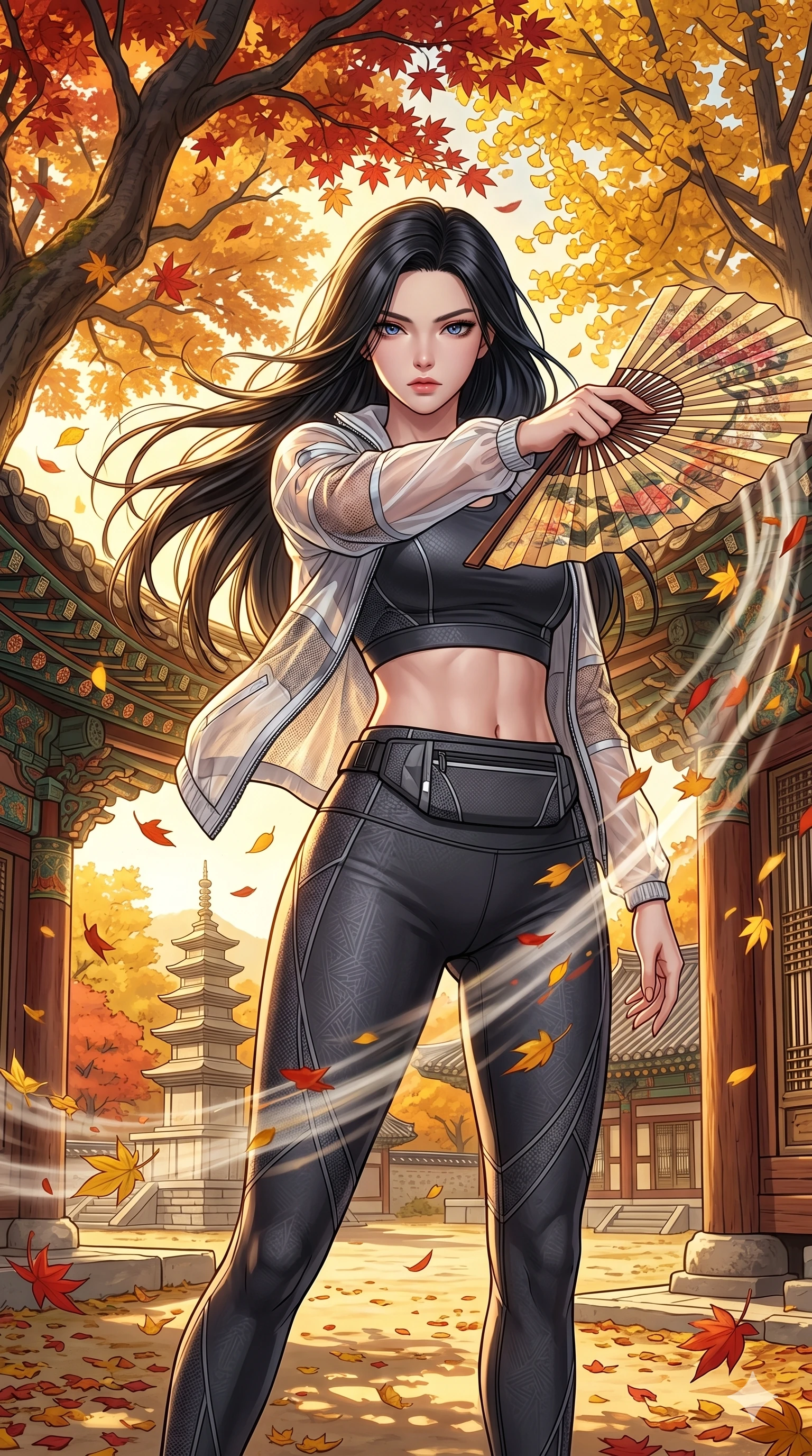 score_9, masterpiece, best quality, ultra-detailed, Set C: High-budget Anime Keyframe, Korean woman. Low angle cowboy shot filling the entire 9:16 frame with her statuesque presence. Waving a silk fan that creates gusts of colorful autumn leaves in a traditional temple. She has an absolutely perfect 8-heads proportion, an exceptionally tall and slender female figure with elegant long slender legs and an slender waist. Sharp v-shaped jawline, high-bridge nose, intricate jewel-like eyes with depth, thick eyelashes, glossy lips. Wearing a Premium Athleisure outfit: sleek high-performance activewear with a sheer windbreaker and athletic midsection. Background is a bright and colorful temple courtyard with vibrant fall foliage and golden sunlight. 2k, ultra detail, master piece, 9:16 ratio