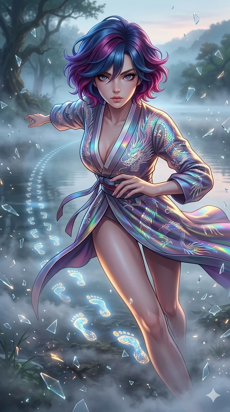 score_9, masterpiece, best quality, ultra-detailed, Set A: High-budget Anime Keyframe, Korean woman. Low angle cowboy shot filling the entire 9:16 frame with her statuesque presence. Standing victoriously through a misty lakeside at dawn, surrounded by a whirlwind of 162 mechanical birds and surrounded by shattered glass fragments. She has an absolutely perfect 8-heads proportion, an exceptionally tall and slender female figure with impossibly long slender legs and an ultra-slim waist. Sharp v-shaped jawline, high-bridge nose, intricate jewel-like eyes with depth, thick eyelashes, glossy lips with a natural sheen. Wearing Cyber-samurai gear with a short silk kimono and glowing neon katana sheath. Cinematic lighting, vibrant colors, dramatic shadows, 2k, ultra detail, master piece, 9:16 ratio