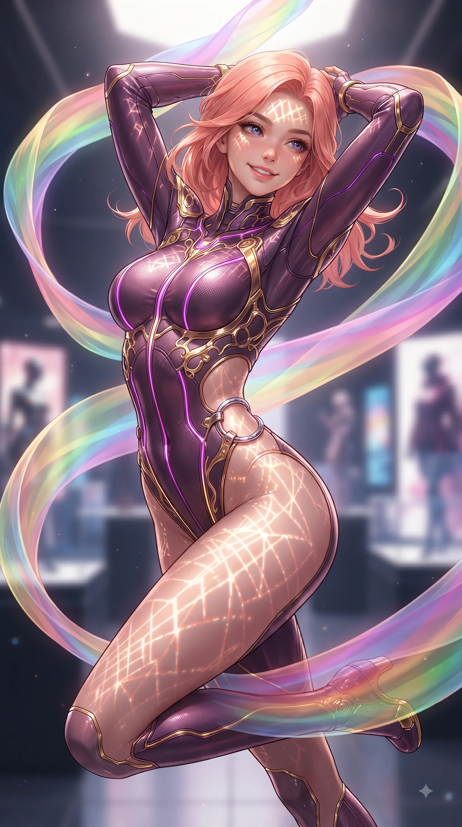 score_9, masterpiece, best quality, ultra-detailed, high-budget anime keyframe, editorial fashion photography, tasteful artistic composition, Japanese woman. close-up cowboy shot from the waist and thighs up, the character dominates the composition, filling the frame with her large presence, background elements kept in soft focus. Warm delightful smile while casting a playful, joyful side-gaze with heavy lashes and a glowing expression while spinning in mid-air as translucent rainbow silk ribbons swirl around her with joyful grace, intricate geometric lattice patterns of bright light projected onto her skin. She has an exceptionally elegant, slender, and willowy female figure with an ultra-slim waist, a gracefully sculpted slender torso, and a refined silhouette. sharp v-shaped jawline, high-bridge nose, intricate jewel-like eyes with depth, thick eyelashes, glossy lips with a natural sheen, flawlessly proportioned anatomical accuracy, natural body alignment, perfectly sculpted elegant limbs, clean dynamic posture without body distortion. wearing a skin-tight cybernetic bodysuit with glowing neon seams and side cutouts in plum purple and gold filigree, made of fine carbon-fiber weave and soft matte leather, accented with delicate chrome ring hardware framing her waist, the elegant draped fit framing her graceful clavicle and slender torso. surrounded by a vibrant fluorescent aura with bright specular rim lights. ultra-reflective glossy finish, specular highlights, metallic sheen, high-contrast stereoscopic depth, volumetric dynamic lighting, 2k, ultra detail, master piece, 9:16 ratio
