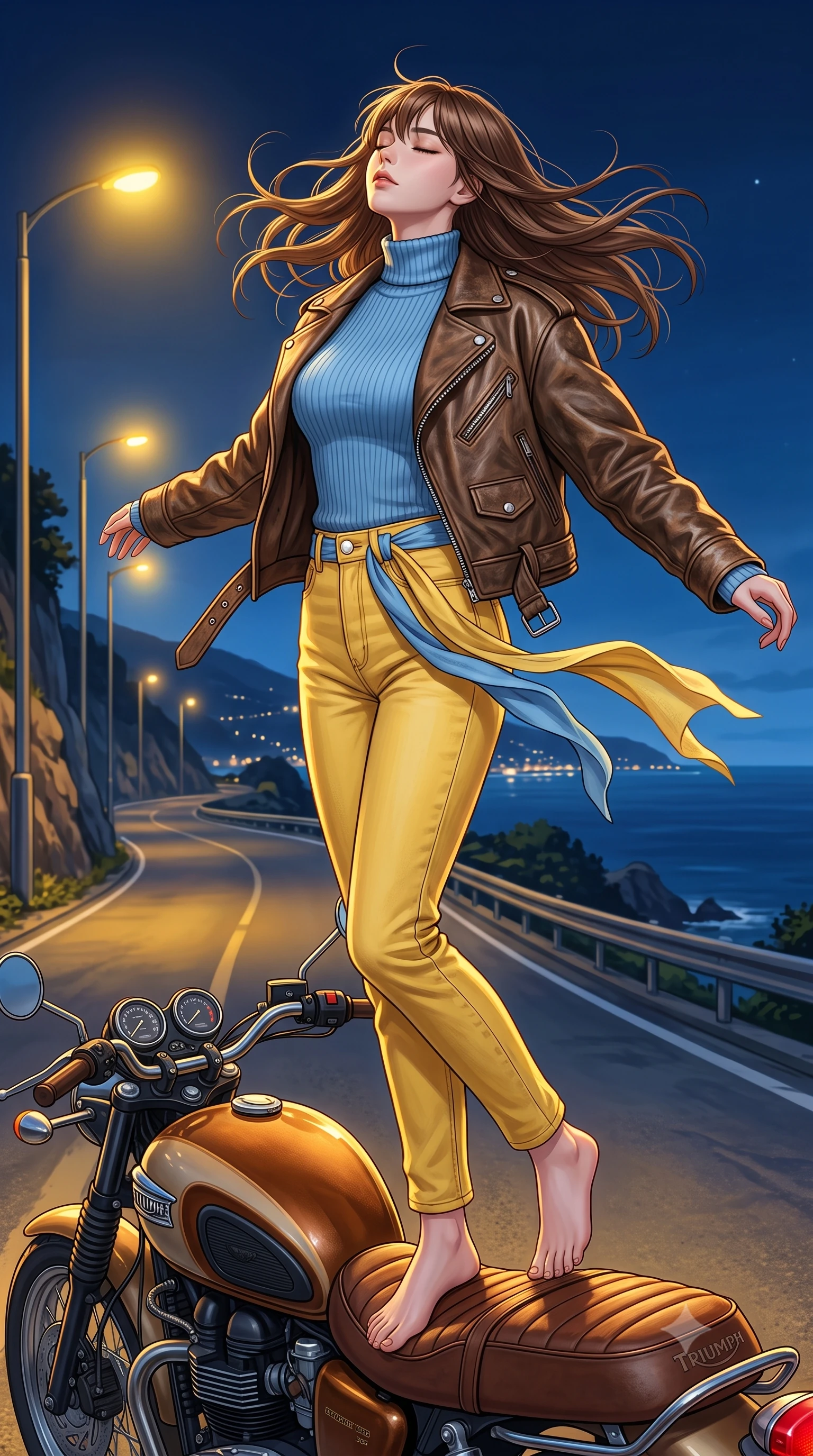 score_9, masterpiece, best quality, ultra-detailed, high-budget anime keyframe, semi-realistic 3D game render, editorial fashion photography, tasteful artistic composition, Korean woman. low angle full-body shot from head to toe showing her feet, filling the entire 9:16 vertical frame with her statuesque presence, stretching her vertical silhouette. executing an elegant mid-motion spin with effortless grace, her garments fluttering softly around her ultra-slim waistline while sitting on the leather seat of an open-top classic cruiser, head tilted back as ocean breeze tangles her hair. The surrounding environment is rendered in vivid detail and crisp panoramic clarity. high-contrast midnight coastal chiaroscuro and classic 80s grand touring romance in precision. She has an absolutely perfect, statuesque 8.5-heads proportion, an exceptionally tall and slender model-like female figure with impossibly long slender legs, a toned flat midriff, and an ultra-slim waist. sharp v-shaped jawline, high-bridge nose, intricate jewel-like eyes with depth, thick eyelashes, glossy lips with a natural sheen, captivating and magnetic expression, flawlessly proportioned anatomical accuracy, strict slender model proportions, natural body alignment, perfectly sculpted long slender limbs, ultra-slim waistline, clean dynamic posture without body distortion. wearing an iconic oversized vintage brown leather biker jacket worn over a snug ribbed turtleneck and high-rise mom jeans in sunny retro canary yellow and sky blue, woven from soft breathable linen that flutters gently with every step, finished with polished mother-of-pearl buttons and tailored flap pockets, the sleek tailored cut tightly hugging her graceful clavicle, narrow waist, and feminine curves with statuesque precision. bathed in warm yellow streetlamp illumination and cool blue midnight sky ambient fill. highly saturated vibrant anime colors, detailed shading with soft gradients, rich glossy textures, high-contrast stereoscopic depth, volumetric dynamic lighting, master piece, 9:16 ratio