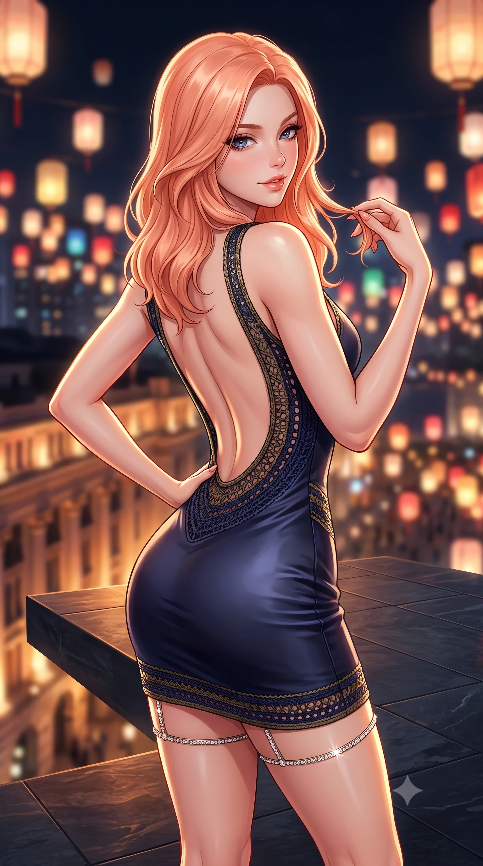 score_9, masterpiece, best quality, ultra-detailed, high-budget anime keyframe, semi-realistic 3D game render, editorial fashion photography, tasteful artistic composition, Japanese woman. close-up cowboy shot from the waist and thighs up, the character dominates the composition, filling the frame with her large presence. twisting her slender torso in an alluring contrapposto stance, one hand resting on her sculpted hip while her fingers toy with her hair with effortless poise while standing poised on the cantilevered dark slate deck jutting out over the historic Bund colonnades, arching her lower back to emphasize her curvy hips in the night breeze. The background shows a soft-focus glowing paper lanterns softened in romantic nocturnal sky-sanctuary shallow focus. She has an exceptionally elegant, slender, and willowy female figure with an ultra-slim waist, flat toned midriff, narrow ribcage, and sculpted feminine hips creating an alluring, slim hourglass silhouette without bulk. sharp v-shaped jawline, high-bridge nose, sparkling eyes with hypnotic seductive depth, thick curled eyelashes, glossy parted lips with a natural dewy peach sheen, alluring bedroom-eyes with an enchanting coquettish smile, exuding magnetic siren charisma and sophisticated glamour, flawlessly proportioned anatomical accuracy, strict slender model proportions, natural body alignment, perfectly sculpted long slender limbs, ultra-slim waistline, clean dynamic posture without body distortion. wearing a slinky crochet-lace knit resort mini dress with deep open-back scoop revealing her toned spine in Austrian opera midnight indigo and antique brass, crafted from fluid liquid silk satin that clings smoothly to every curve with a dewy sheen, finished with delicate crystal-encrusted thigh garter straps glinting in the dim light, the form-contouring silhouette accentuating her sculpted flat midriff, narrow delicate ribcage, and gracefully curvy hips with intoxicating allure. illuminated by slate deck reflection bounce and sharp platinum-gold rim lights defining her delicate clavicles, ultra-slim waist, and curvy hips. highly saturated vibrant anime colors, detailed shading with soft gradients, rich glossy textures, high-contrast stereoscopic depth, volumetric dynamic lighting, master piece, 9:16 ratio