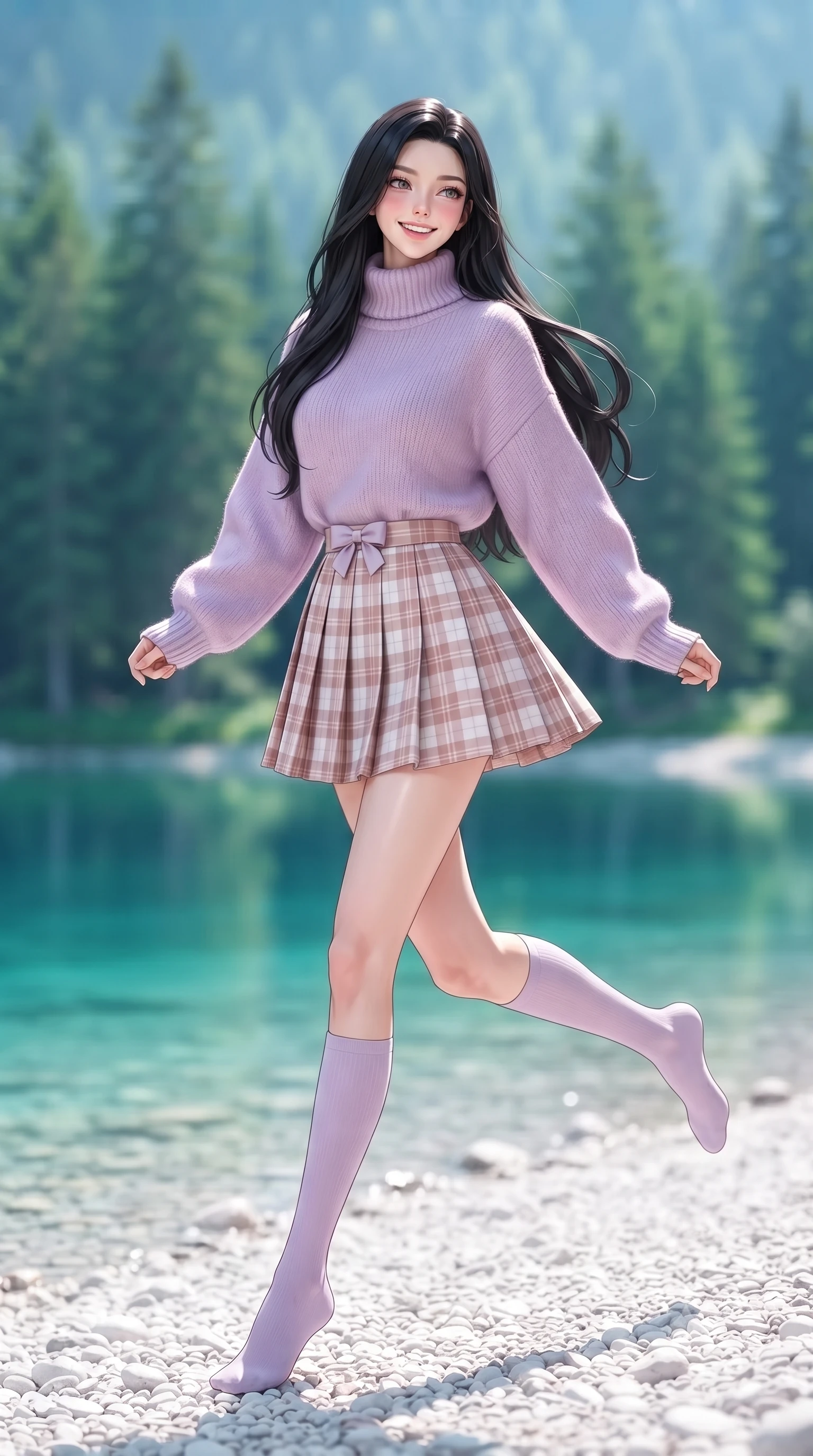 score_9, masterpiece, best quality, ultra-detailed, high-budget anime keyframe, editorial fashion photography, tasteful artistic composition, Korean woman. low angle full-body shot from head to toe showing her feet, filling the entire 9:16 vertical frame with her statuesque presence, stretching her vertical silhouette. walking forward in a cheerful, dynamic stride with a radiant beaming smile, her statuesque silhouette filling the frame while skipping playfully along smooth white pebble shores, looking back over her shoulder with an enchanting, sweet smile. The composition keeps background elements in soft focus with creamy bokeh. mirror-still turquoise lake waters and towering evergreen pine forests blurred into radiant emerald and cyan bokeh. She has an absolutely perfect, statuesque 8.5-heads proportion, an exceptionally tall and slender model-like female figure with impossibly long slender legs, a toned flat midriff, and an ultra-slim waist. sharp v-shaped jawline, high-bridge nose, intricate jewel-like eyes with depth, thick eyelashes, glossy lips with a natural sheen, pure and lovely fresh girlhood expression, flawlessly proportioned anatomical accuracy, strict slender model proportions, natural body alignment, perfectly sculpted long slender limbs, ultra-slim waistline, clean dynamic posture without body distortion. wearing a cozy oversized turtleneck knit jumper paired with a pleated plaid wool skirt and knee-high socks in subtle lilac violet and soft rose gold, tailored from crisp organic cotton poplin, accented with a dainty ribbon bow at the waistline, the body-hugging lightweight knit clinging delicately to her slender torso, accentuating her graceful neck and feminine lines. surrounded by a serene, peaceful, and breathtakingly lovely lakeside maiden aura. ultra-reflective glossy finish, specular highlights, rich natural textures, high-contrast stereoscopic depth, volumetric dynamic lighting, 2k, ultra detail, master piece, 9:16 ratio