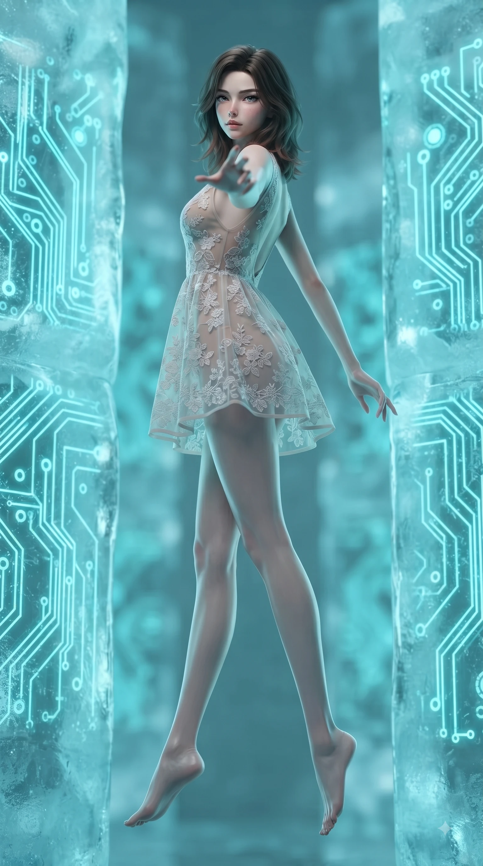 score_9, masterpiece, best quality, ultra-detailed, high-budget anime keyframe, editorial fashion photography, tasteful artistic composition, Korean woman woman. low angle full-body shot from head to toe showing her feet, filling the entire 9:16 vertical frame with her statuesque presence, stretching her vertical silhouette. She has an absolutely perfect, statuesque 8.5-heads proportion, an exceptionally tall and slender model-like female figure with impossibly long slender legs and an ultra-slim waist. floating dynamically in zero-gravity with flawless poise, reaching her hand forward gracefully, flawlessly proportioned anatomical accuracy, natural body alignment, perfectly sculpted elegant limbs, clean dynamic posture without body distortion. set against a soft-focus background of frozen ice columns embedded with pulsing neon circuit boards. wearing a semi-opaque sheer overlay micro-dress with delicate floral lace embroidery and low back. bathed in glowing cyan light radiating from sub-zero circuit runes with cool ambient backdrops. ultra-reflective glossy finish, specular highlights, metallic sheen, high-contrast stereoscopic depth, volumetric dynamic lighting, 2k, ultra detail, master piece, 9:16 ratio