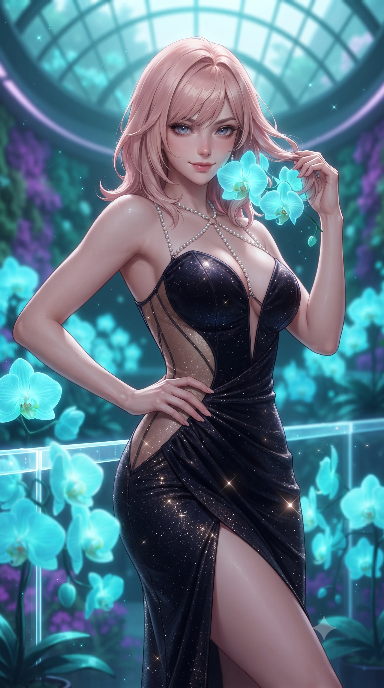 score_9, masterpiece, best quality, ultra-detailed, high-budget anime keyframe, editorial fashion photography, tasteful artistic composition, Japanese woman. close-up cowboy shot from the waist and thighs up, the character dominates the composition, filling the frame with her large presence. twisting her slender torso in an alluring contrapposto stance, one hand resting on her sculpted hip while her fingers toy with her hair with effortless poise while leaning against the illuminated acrylic balustrade with hips cocked back, looking through glowing genetically-engineered orchids with a smoldering smile. The background shows a soft-focus glowing neon-cyan orchids, pulsating ultraviolet moss walls, and soaring curved glass dome above blurred into teal, amethyst, and platinum bokeh. She has an exceptionally elegant, slender, and willowy female figure with an ultra-slim waist, flat toned midriff, narrow ribcage, and sculpted feminine hips creating an alluring, slim hourglass silhouette without bulk. sharp v-shaped jawline, high-bridge nose, sparkling eyes with hypnotic seductive depth, thick curled eyelashes, glossy parted lips with a natural dewy peach sheen, alluring bedroom-eyes with an enchanting coquettish smile, exuding magnetic siren charisma and sophisticated glamour, flawlessly proportioned anatomical accuracy, strict slender model proportions, natural body alignment, perfectly sculpted long slender limbs, ultra-slim waistline, clean dynamic posture without body distortion. wearing a deep sweetheart-neckline velvet bodycon dress with sheer side-torso cutouts accentuating her hourglass curves in midnight obsidian black and liquid champagne gold, woven from stretch metallic lurex jersey casting radiant starlight glints across her silhouette, accented with a pearl-drop body harness subtly framing her dewy collarbones and spine, the high-slit wrap tailoring accentuating her ultra-slim waistline and the enchanting curve of her feminine hips with alluring seductive charm. bathed in the ethereal glow of living bioluminescent plants mixed with soft greenhouse downlighting. ultra-reflective glossy finish, specular highlights, rich textural contrasts, high-contrast stereoscopic depth, volumetric dynamic lighting, 2k, ultra detail, master piece, 9:16 ratio