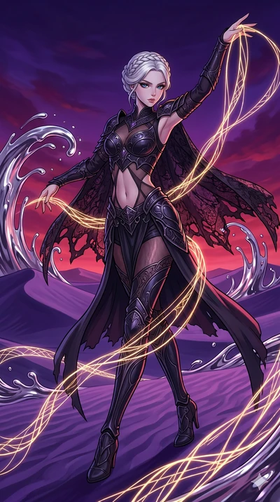 score_9, masterpiece, best quality, ultra-detailed, high-budget anime movie keyframe, cinematic anime lighting, intricate line art, Japanese woman. Dynamic full-body shot stretching the vertical silhouette across the 9:16 frame. weaving threads of li