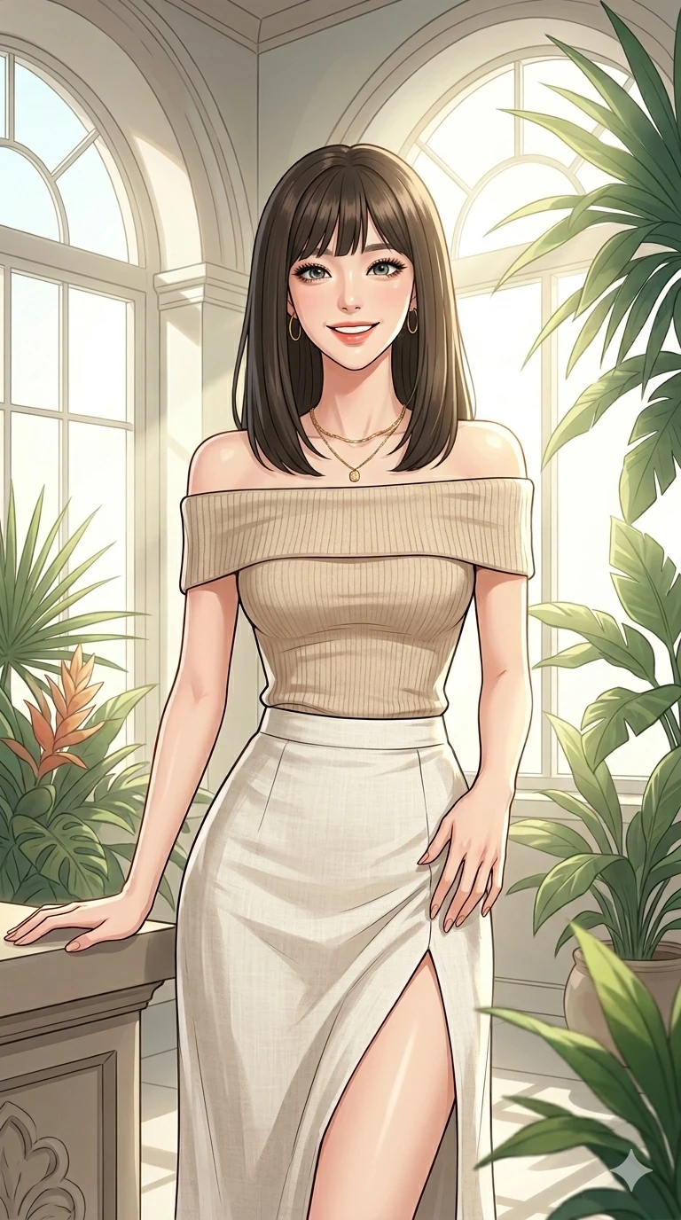 score_9, masterpiece, best quality, ultra-detailed, high-budget anime keyframe, editorial fashion photography, tasteful artistic composition, Korean woman. cowboy shot from the thighs up, character and outfit filling the frame for maximum editorial presence. looking at the camera with a bright, cheerful smile, her shoulders relaxed inside a botanical museum corner with large arched windows and sunbeams. She has an absolutely perfect 8-heads proportion, an exceptionally tall and slender female figure with impossibly long slender legs and an ultra-slim waist. V-shaped jawline, high-bridge nose, intricate jewel-like eyes with depth, thick eyelashes, glossy lips with a natural sheen. wearing a beige off-shoulder top showing her elegant clavicle lines, and a split linen skirt. drenched in morning sunlight casting a soft, clean glow over her skin. 2k, ultra detail, master piece, 9:16 ratio