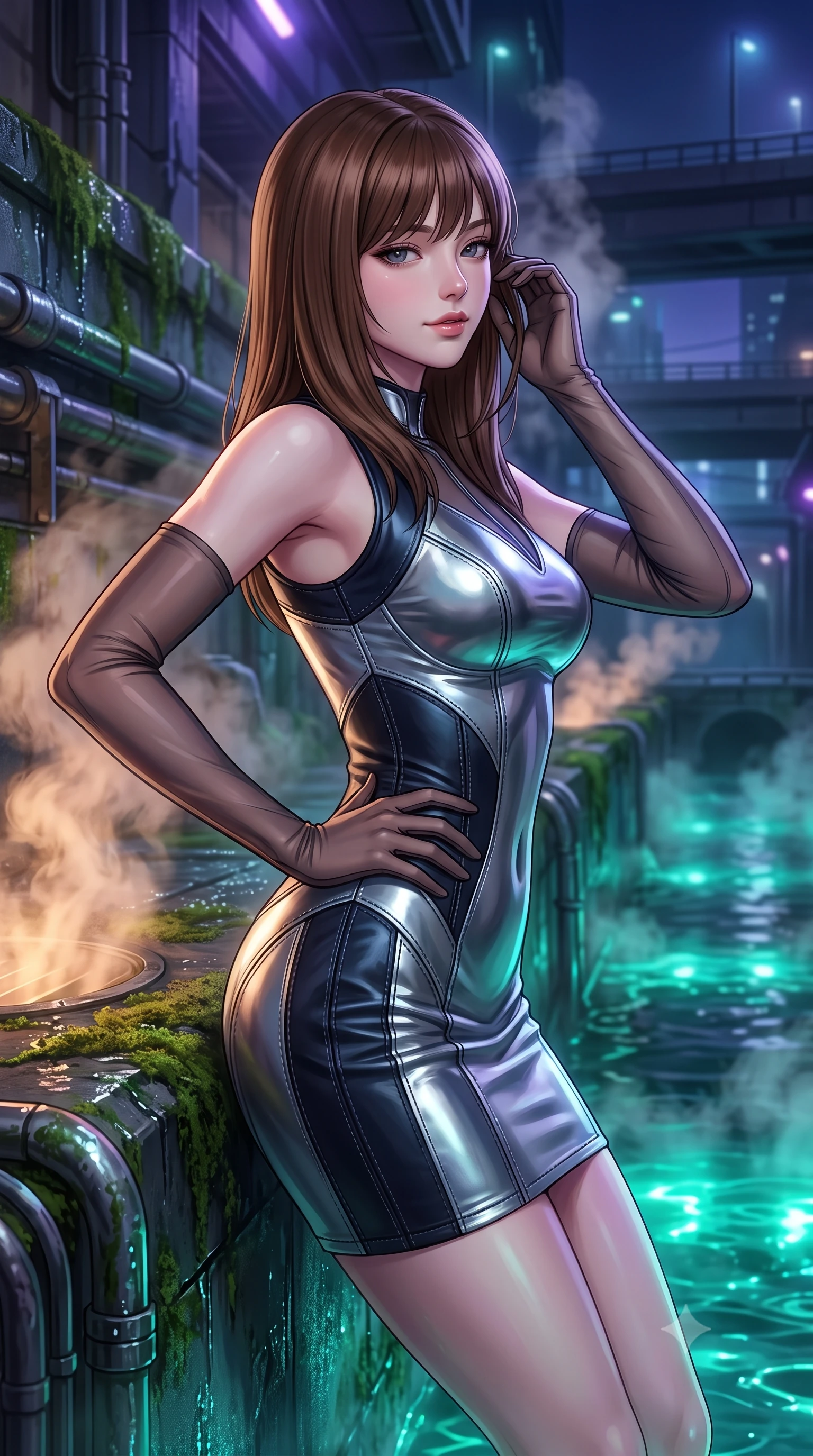 score_9, masterpiece, best quality, ultra-detailed, high-budget anime keyframe, semi-realistic 3D game render, editorial fashion photography, tasteful artistic composition, Korean woman. close-up cowboy shot from the waist and thighs up, the character dominates the composition, filling the frame with her large presence. twisting her slender torso in an alluring contrapposto stance, one hand resting on her sculpted hip while her fingers toy with her hair with effortless poise while leaning against the moss-covered cybernetic embankment with hips cocked back, looking upstream through rising steam plumes with heavy-lidded bedroom-eyes. The background shows a soft-focus swirling warm steam from canal vents softened in subterranean urban waterway shallow focus. She has an exceptionally elegant, slender, and willowy female figure with an ultra-slim waist, flat toned midriff, narrow ribcage, and sculpted feminine hips creating an alluring, slim hourglass silhouette without bulk. sharp v-shaped jawline, high-bridge nose, intricate jewel-like sparkling eyes with depth, thick eyelashes, glossy parted lips with a natural peach sheen, bright cheerful beaming smile with an enchanting and coquettish sensual glint, exuding both youthful cute charm and seductive allure, flawlessly proportioned anatomical accuracy, strict slender model proportions, natural body alignment, perfectly sculpted long slender limbs, ultra-slim waistline, clean dynamic posture without body distortion. wearing a glove-like stretch lambskin leather dress with seamless sculpting hold adhering tightly to her silhouette in liquid mercury chrome and deep midnight obsidian, crafted from bespoke double-faced cashmere with an exceptionally soft tactile finish, complemented by sheer opera-length evening gloves tracing her slender arms, the bespoke structured tailoring following the natural line of her 8.5-heads silhouette with refined elegance. bathed in vivid emerald-cyan underwater LEDs combined with ambient violet floodlights from the highway bridges. highly saturated vibrant anime colors, detailed shading with soft gradients, rich glossy textures, high-contrast stereoscopic depth, volumetric dynamic lighting, master piece, 9:16 ratio
