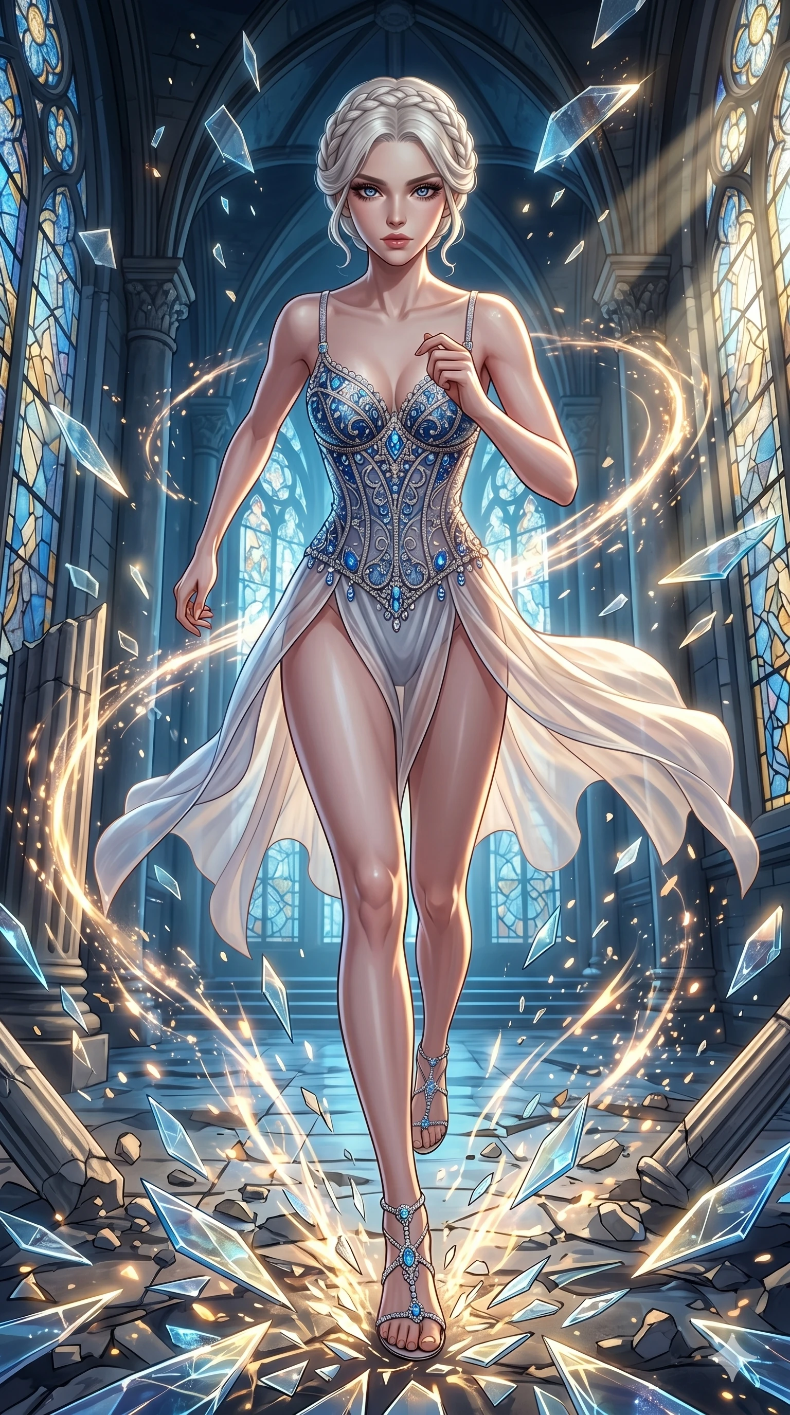 score_9, masterpiece, best quality, ultra-detailed, Set A: High-budget Anime Keyframe, Caucasian (strictly human ears) woman. Low angle cowboy shot filling the entire 9:16 frame with her statuesque presence. Sprinting through a shattered glass cathedral, as the ground beneath her turns into 221 shards of light and surrounded by glowing energy sparks. She has an absolutely perfect 8-heads proportion, an exceptionally tall and slender female figure with impossibly long slender legs and an ultra-slim waist. Sharp v-shaped jawline, high-bridge nose, intricate jewel-like eyes with depth, thick eyelashes, glossy lips with a natural sheen. Wearing Intricate jewel-encrusted corset over a sheer silk slip with high-cut leg line. Cinematic lighting, vibrant colors, dramatic shadows, 2k, ultra detail, master piece, 9:16 ratio