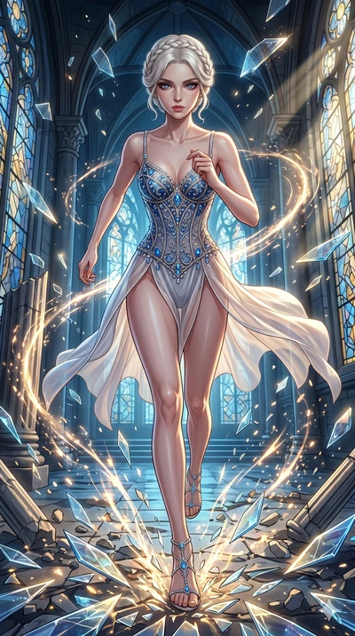 score_9, masterpiece, best quality, ultra-detailed, Set A: High-budget Anime Keyframe, Caucasian (strictly human ears) woman. Low angle cowboy shot filling the entire 9:16 frame with her statuesque presence. Sprinting through a shattered glass cathed