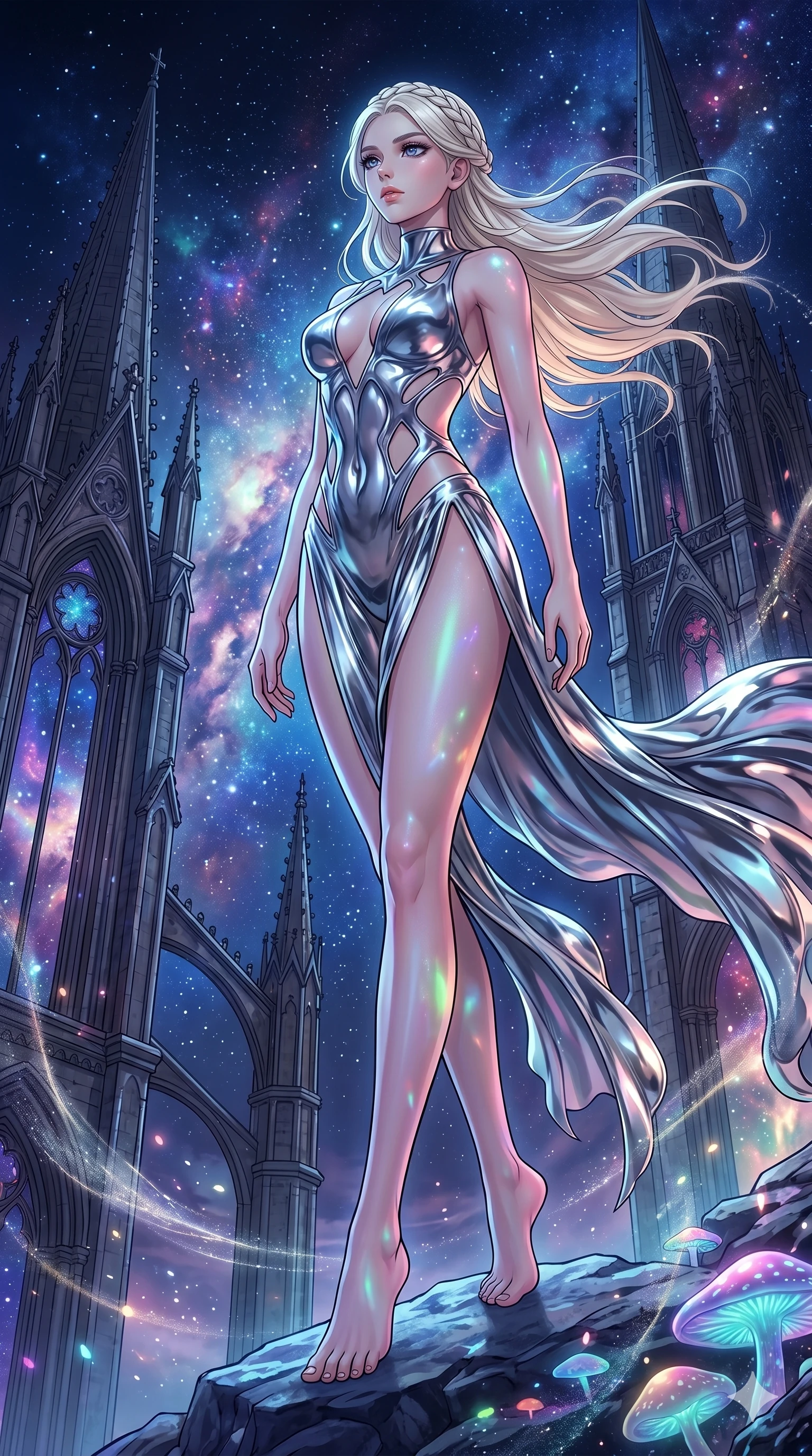 score_9, masterpiece, best quality, ultra-detailed, High-budget Anime Keyframe, vibrant colors, fluid line-art, expressive lighting, cinematic composition, Ufotable-style visual effects, top-tier animation quality, Caucasian woman with pale skin, blonde hair, and (strictly human ears). Cinematic low angle perspective showcasing her towering height and perfect 8-heads proportion. Listening to the ancient whispers of the wind on a high mountain peak, her hair and outfit flowing in the breeze. She has an absolutely perfect 8-heads proportion, an exceptionally tall and slender female figure with impossibly long slender legs and an ultra-slim waist, her statuesque height and towering silhouette dominating the vertical 9:16 frame. Her face is a masterpiece featuring a sharp v-shaped jawline, high-bridge nose, intricate jewel-like eyes with depth, thick eyelashes, and glossy lips with a natural sheen. She is wearing a Molten metal-look bodysuit with daring cut-outs and a high-cut silhouette crafted from Molten liquid mercury that flows and reflects the environment with metallic perfection, with a dangerous high slit that showcases her impossibly long slender legs. The scene is set in a majestic gothic cathedral in deep space with massive windows overlooking a swirling nebula, illuminated by soft bioluminescent glow from the environment casting ethereal colors on her skin. 2k, ultra detail, master piece, 9:16 ratio