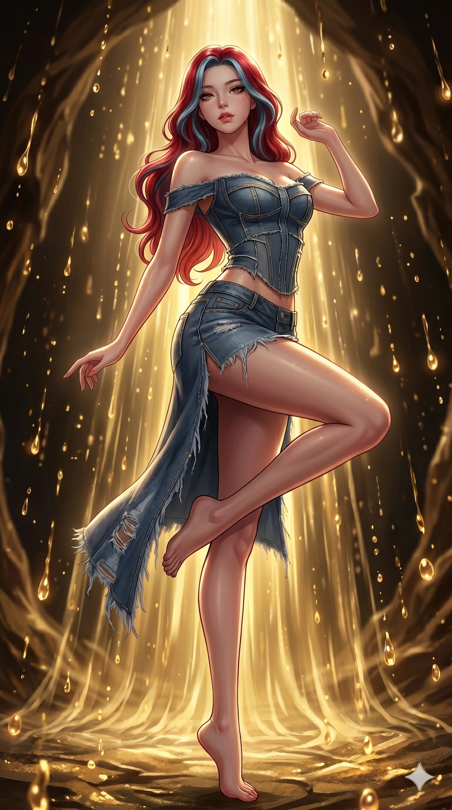 score_9, masterpiece, best quality, ultra-detailed, high-budget anime keyframe, Korean woman. low angle full-body shot filling the entire 9:16 frame with her statuesque presence, stretching the vertical silhouette. dodging ethereal liquid gold rain that rises upward from the ground in warm shimmering droplets under an inverted gravity field. She has an absolutely perfect 8-heads proportion, an exceptionally tall and slender female figure with impossibly long slender legs and an ultra-slim waist. V-shaped jawline, high-bridge nose, intricate jewel-like eyes with depth, thick eyelashes, glossy lips with a natural sheen.. wearing a deconstructed denim corset and an asymmetric ripped denim micro-skirt, showcasing a rugged yet chic off-shoulder style. illuminated by dramatic chiaroscuro casting soft shadows along her curves, with vibrant backlighting highlighting the dust particles. 2k, ultra detail, master piece, 9:16 ratio
