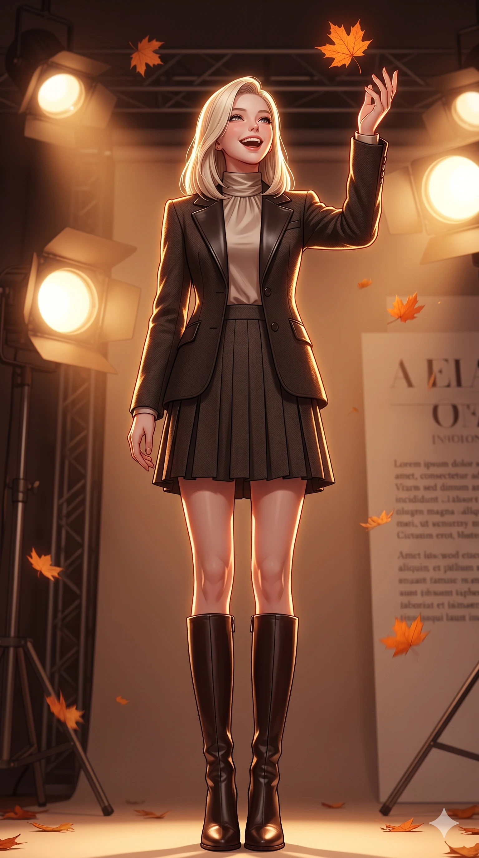 score_9, masterpiece, best quality, ultra-detailed, high-budget anime keyframe, vibrant anime aesthetic, Caucasian woman, strictly human ears. low angle full-body shot from head to toe showing her feet, filling the entire 9:16 vertical frame with her statuesque presence, stretching her vertical silhouette. She is catching a falling maple leaf with a happy laugh, her face glowing with delight inside a high-fashion editorial set with warm stage spotlights (Code-P21-034). She has an absolutely perfect 8-heads proportion, an exceptionally tall and slender female figure with impossibly long slender legs and an ultra-slim waist. V-shaped jawline, high-bridge nose, intricate jewel-like eyes with depth, thick eyelashes, glossy lips with a natural sheen. wearing a structured jacket over a high-neck silk shirt and skirt in winter. She is intense warm winter rim lights, outlining her 8-heads proportion and V-shaped jawline. 2k, ultra detail, master piece, 9:16 ratio