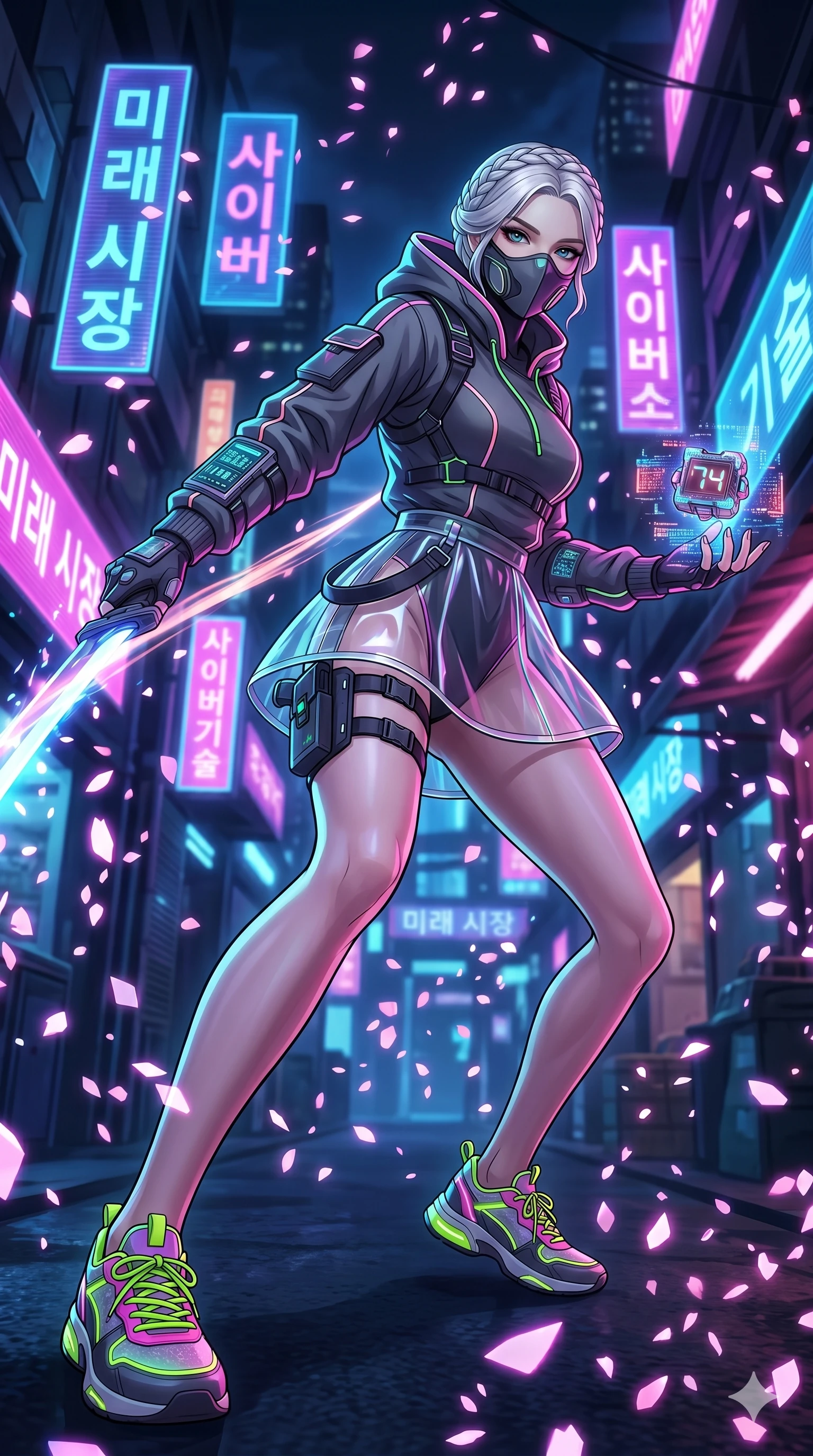 score_9, masterpiece, best quality, ultra-detailed, Set A: High-budget Anime Keyframe, Korean woman. Low angle cowboy shot filling the entire 9:16 frame with her statuesque presence. Drawing a blade through a futuristic night market, holding a relic that pulses with the frequency 74 and surrounded by digital sakura petals. She has an absolutely perfect 8-heads proportion, an exceptionally tall and slender female figure with impossibly long slender legs and an ultra-slim waist. Sharp v-shaped jawline, high-bridge nose, intricate jewel-like eyes with depth, thick eyelashes, glossy lips with a natural sheen. Wearing Streetwear tech-hoodie with a transparent PVC skirt and neon sneakers. Cinematic lighting, vibrant colors, dramatic shadows, 2k, ultra detail, master piece, 9:16 ratio