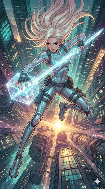 score_9, masterpiece, best quality, ultra-detailed, high-budget anime movie keyframe, cinematic anime lighting, intricate line art, Japanese woman. Extreme high angle shot as she leaps towards the camera, filling the frame. drawing a sword from a blo