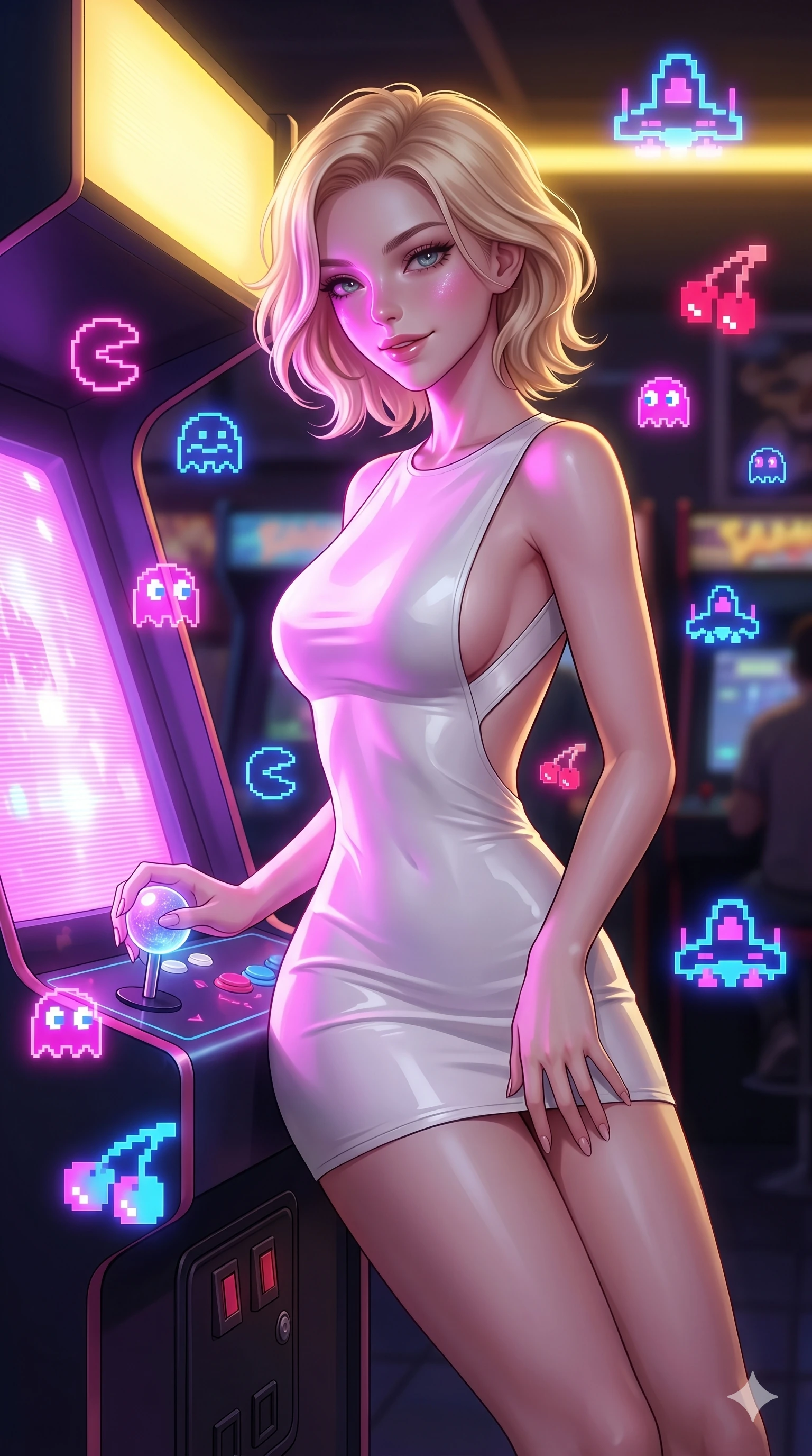 score_9, masterpiece, best quality, ultra-detailed, high-budget anime keyframe, editorial fashion photography, tasteful artistic composition, Caucasian woman, strictly human ears. Upper body close-up from the thighs up, character filling the screen for maximum presence. She is leaning back against a glowing retro arcade cabinet, surrounded by floating pixelated neon icons. She holds a glowing joystick with a teasing, sultry smile. She has an absolutely perfect 8-heads proportion, an exceptionally tall and slender female figure with impossibly long slender legs and an ultra-slim waist. V-shaped jawline, high-bridge nose, intricate jewel-like eyes with depth, thick eyelashes, glossy lips with a natural sheen. She is wearing a second-skin fashion-latex mini dress with a clean architectural front, featuring an open-back design that wraps around the sides of her waist, showcasing her slender silhouette. The scene is illuminated by bright pink and violet neon screen glare and a sharp yellow ambient rim light. 2k, ultra detail, master piece, 9:16 ratio
