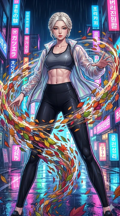 score_9, masterpiece, best quality, ultra-detailed, Set C: High-budget Anime Keyframe, Korean woman. Low angle cowboy shot filling the entire 9:16 frame with her statuesque presence. Summoning a vortex of colorful leaves in a futuristic Tokyo street 