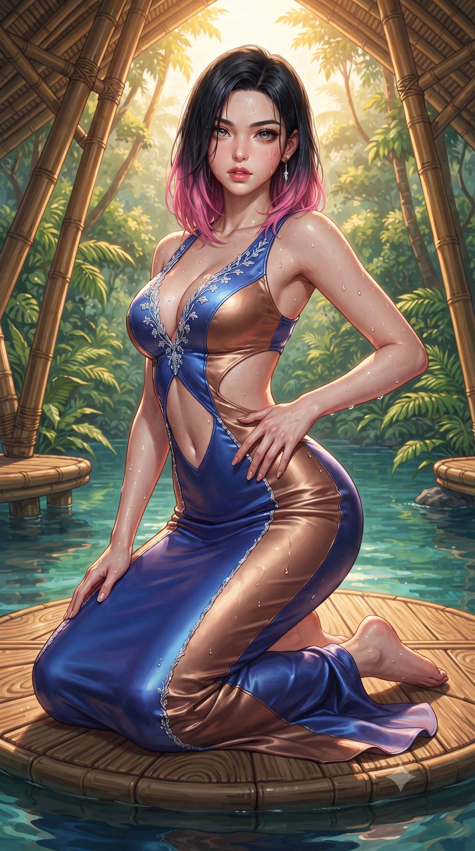 score_9, masterpiece, best quality, ultra-detailed, high-budget anime keyframe, editorial fashion photography, tasteful artistic composition, Korean woman. close-up cowboy shot from the waist and thighs up, the character dominates the composition, filling the frame with her large presence. resting one manicured hand delicately on her hip bone, her upper body turning in a fluid, seductive S-curve while parted lips glisten in the light while kneeling gracefully on a floating wooden yoga platform surrounded by water, her athletic slender curves creating a breathtaking line. The surrounding environment is rendered in vivid detail and crisp panoramic clarity. detailed swimwear fabric sheen, water droplet beads on skin, and bamboo pavilion architecture in high clarity. She has an exceptionally elegant, slender, and willowy female figure with an ultra-slim waist, flat toned midriff, narrow ribcage, and sculpted feminine hips creating an alluring, slim hourglass silhouette without bulk. sharp v-shaped jawline, high-bridge nose, intricate jewel-like eyes with depth, thick eyelashes, glossy parted lips with a natural sheen, intensely captivating and seductive bedroom-eyes expression, flawlessly proportioned anatomical accuracy, strict slender model proportions, natural body alignment, perfectly sculpted long slender limbs, ultra-slim waistline, clean dynamic posture without body distortion. wearing a sculptured liquid-satin mermaid gown with an architectural open-waist cutout and bare spine in royal sapphire blue and liquid bronze, tailored from ultra-smooth duchess satin with a pearlescent sheen, finished with delicate crystal frost embroidery tracing the plunging neckline, the form-contouring material adhering flawlessly to her sculpted flat midriff and slender torso, emphasizing her long leg lines and perfectly proportioned willowy build. bathed in warm tropical golden morning sunlight filtering through jungle canopy foliage. ultra-reflective glossy finish, specular highlights, rich textural contrasts, high-contrast stereoscopic depth, volumetric dynamic lighting, 2k, ultra detail, master piece, 9:16 ratio