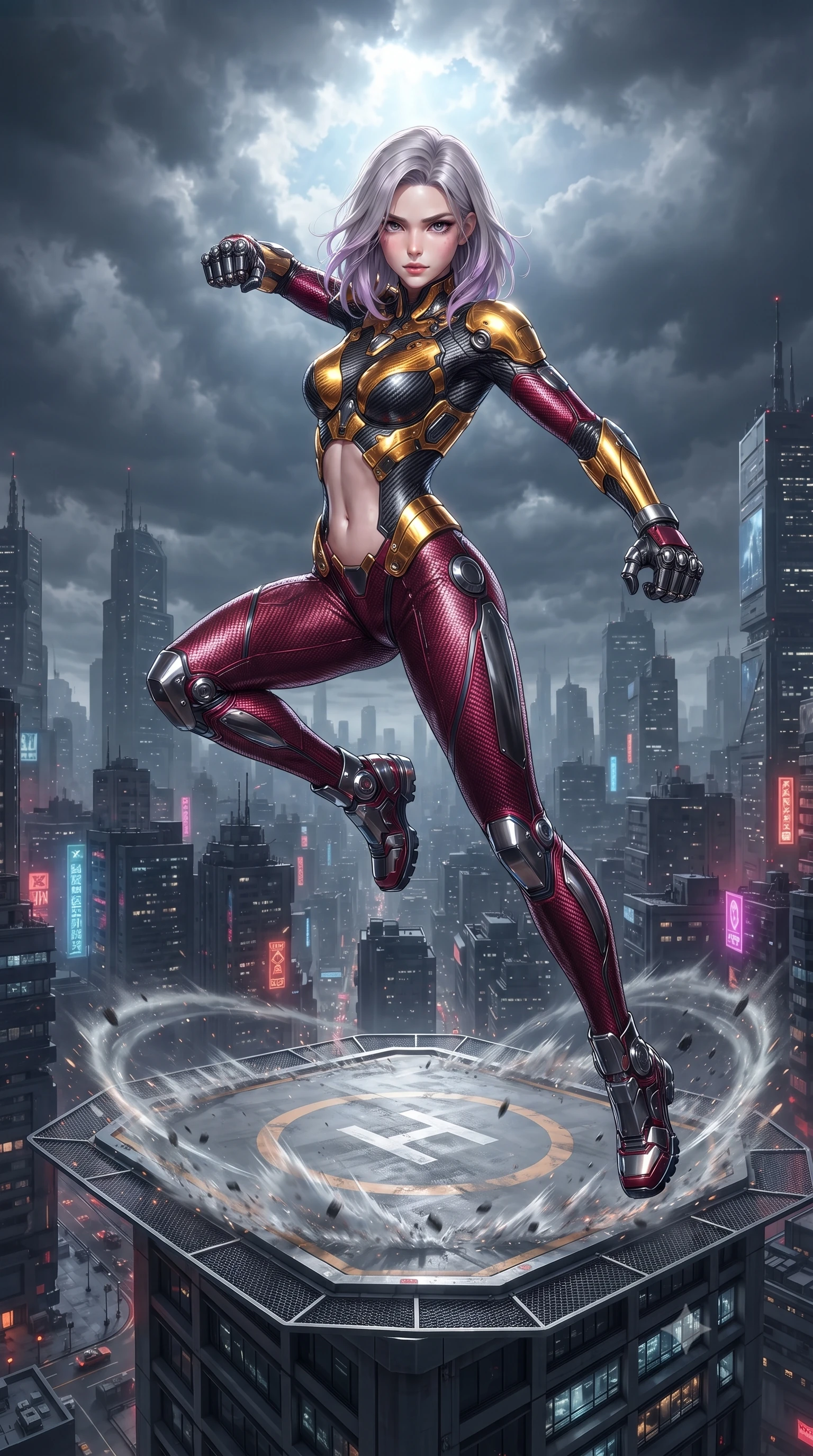 score_9, masterpiece, best quality, ultra-detailed, high-budget anime keyframe, editorial fashion photography, tasteful artistic composition, Caucasian woman. low angle full-body shot from head to toe showing her feet, filling the entire 9:16 vertical frame with her statuesque presence, stretching her vertical silhouette. leaping into mid-air with an athletic yet alluring arch of her spine, driving a downward kinetic strike surrounded by a ring of displaced air while standing triumphant at the skyscraper edge as the storm clouds part, looking directly into the camera with sovereign intensity. The surrounding environment is rendered in vivid detail and crisp panoramic clarity. high-contrast storm chiaroscuro and atmospheric cyberpunk urban textures captured with precision. She has an absolutely perfect, statuesque 8.5-heads proportion, an exceptionally tall and slender model-like female figure with impossibly long slender legs, a toned flat midriff, and an ultra-slim waist. sharp v-shaped jawline, high-bridge nose, intricate jewel-like eyes with depth, thick eyelashes, glossy lips with a natural sheen, flawlessly proportioned anatomical accuracy, strict slender model proportions, natural body alignment, perfectly sculpted long slender limbs, ultra-slim waistline, clean dynamic posture without body distortion. wearing a sculpted molten-gold and dark carbon cuirass paired with high-mobility combat leggings and kinetic energy channels in deep crimson carbon weave with specular dark chrome accents, made of liquid carbon-jersey fabric adhering flawlessly to her sculpted silhouette, detailed with magnetic knuckle shock-absorbers and polished chrome articulation joints, the precision-cut daring openings accentuating her delicate midriff, graceful bare collarbones, and ultra-slim feminine waistline. illuminated by crisp white key lighting with sharp specular highlights tracing her sculpted flat midriff and waist. ultra-reflective glossy finish, specular highlights, dark metallic sheen, high-contrast stereoscopic depth, volumetric dynamic lighting, 2k, ultra detail, master piece, 9:16 ratio