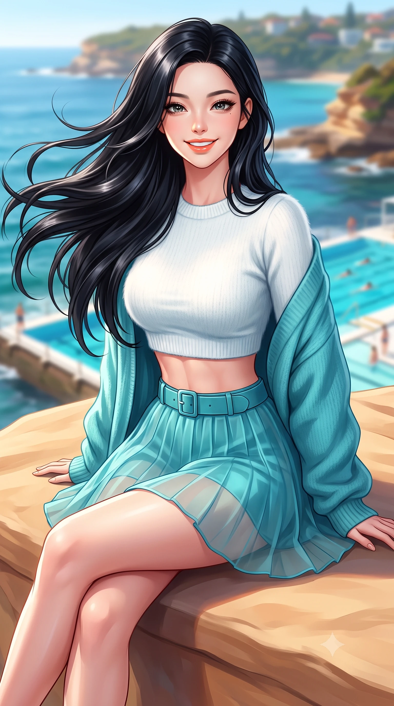 score_9, masterpiece, best quality, ultra-detailed, high-budget anime keyframe, semi-realistic 3D game render, editorial fashion photography, tasteful artistic composition, Korean woman. close-up cowboy shot from the waist and thighs up, the character dominates the composition, filling the frame with her large presence. turning playfully with a bright confident smile, her glossy hair tossing in the breeze as her hips angle gracefully in a captivating contrapposto while sitting perched on the smooth sandstone cliff ledge with legs crossed, her toned flat midriff and curvy hips glowing in the radiant coastal sun. The composition keeps background elements in soft focus with dreamy creamy bokeh. iconic iceberg pool swimmers and coastal headlands softened in vibrant Australian shallow focus. She has an exceptionally elegant, slender, and willowy female figure with an ultra-slim waist, flat toned midriff, narrow ribcage, and sculpted feminine hips creating an alluring, slim hourglass silhouette without bulk. sharp v-shaped jawline, high-bridge nose, intricate jewel-like sparkling eyes with depth, thick eyelashes, glossy parted lips with a natural peach sheen, bright cheerful beaming smile with an enchanting and coquettish sensual glint, exuding both youthful cute charm and seductive allure, flawlessly proportioned anatomical accuracy, strict slender model proportions, natural body alignment, perfectly sculpted long slender limbs, ultra-slim waistline, clean dynamic posture without body distortion. wearing a soft angora crop knit sweater with a sheer pleated organza mini skirt over an opaque silk slip in ocean turquoise and sea-salt white, crafted from soft breathable linen with effortless natural drape, complemented by an oversized soft knit cardigan slipping off one bare shoulder, the high-waisted tailoring accentuating her ultra-slim waistline and the enchanting curve of her feminine hips with alluring charm. illuminated by intense specular sea reflections sharply carving her razor-sharp jawline, narrow waist, and curvy hips. highly saturated vibrant anime colors, detailed shading with soft gradients, rich glossy textures, high-contrast stereoscopic depth, volumetric dynamic lighting, master piece, 9:16 ratio