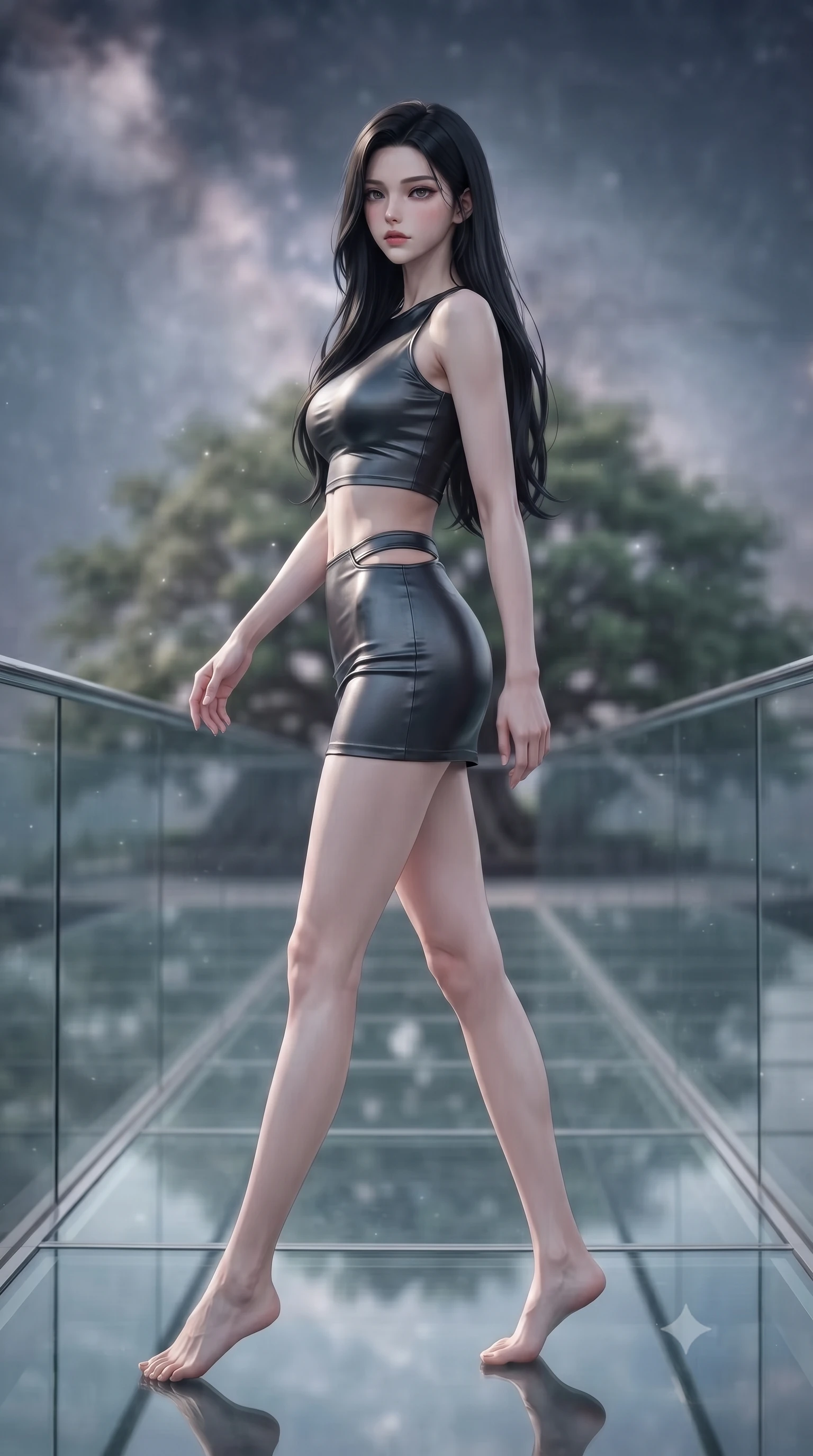 score_9, masterpiece, best quality, ultra-detailed, high-budget anime keyframe, editorial fashion photography, tasteful artistic composition, Korean woman. low angle full-body shot from head to toe showing her feet, filling the entire 9:16 vertical frame with her statuesque presence, stretching her vertical silhouette. walking slowly along a glass skybridge, looking back over her shoulder with an air of effortless grace, the background shows a soft-focus a banyan tree observatory platform looking out at a galaxy nebula in stardust. She has an absolutely perfect, statuesque 8.5-heads proportion, an exceptionally tall and slender model-like female figure with impossibly long slender legs and an ultra-slim waist. sharp v-shaped jawline, high-bridge nose, intricate jewel-like eyes with depth, thick eyelashes, glossy lips with a natural sheen. wearing a body-hugging modern carbon-alloy crop top paired with a low-rise tactical skirt and a subtle waist cut-out. soft silver starlight wrapping her statuesque posture in a quiet, solemn mood. ultra-reflective glossy finish, specular highlights, metallic sheen, high-contrast stereoscopic depth, volumetric dynamic lighting, 2k, ultra detail, master piece, 9:16 ratio