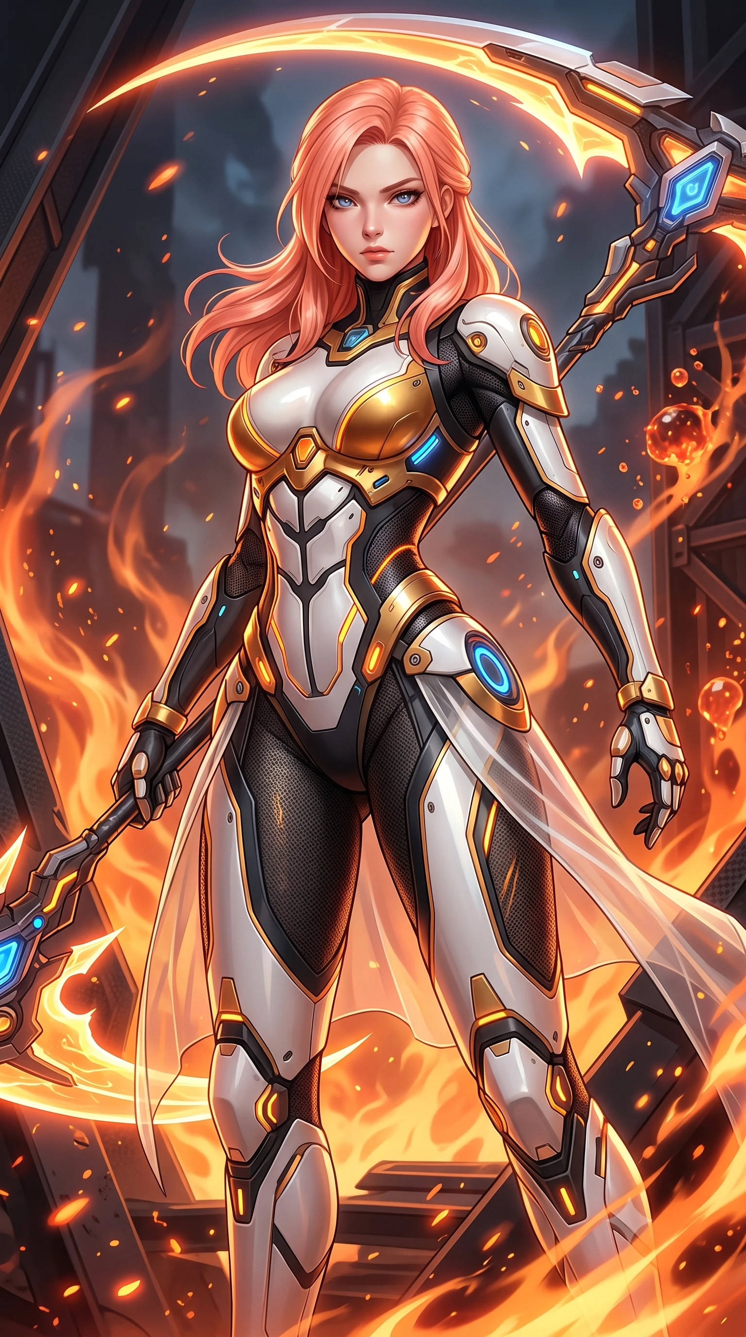 score_9, masterpiece, best quality, ultra-detailed, high-budget anime keyframe, semi-realistic 3D game render, editorial fashion photography, tasteful artistic composition, Japanese woman. close-up cowboy shot from the waist and thighs up, the character dominates the composition, filling the frame with her large presence. gazing forward with divine sovereign poise, captivating jewel-like eyes shining with transcendent focus while holding her weapon with effortless mastery while arching her spine in a fluid stretch as rising heat waves and orange embers swirl around her sculpted silhouette. The surrounding environment is rendered in vivid detail and crisp panoramic clarity. sharp heat-resistant carbon armor plate edges, magma bubble bursts, and steel support beams in high resolution. She has an exceptionally elegant, slender, and willowy female figure with an ultra-slim waist, a gracefully sculpted slender torso, toned flat midriff, and a refined slim silhouette. sharp v-shaped jawline, high-bridge nose, intricate jewel-like eyes with depth, thick eyelashes, glossy lips with a natural sheen, flawlessly proportioned anatomical accuracy, strict slender model proportions, natural body alignment, perfectly sculpted long slender limbs, ultra-slim waistline, clean dynamic posture without body distortion. wearing a sculpted molten-gold and dark carbon cuirass paired with high-mobility combat leggings and sheer side drapes, wielding a glowing plasma energy scythe with fluid grace in monochrome white enamel carbon with high-contrast black panels, tailored from flexible second-skin carbon-mesh that clings flawlessly to her athletic curves, finished with high-mobility articulation joints and miniature magnetic armor locks, the liquid-tight tailored fabric emphasizing every curve of her tall, slender model proportions and sculptured silhouette during dynamic movement. surrounded by a fierce, elemental, and irresistibly powerful cyber-valkyrie of fire atmosphere. rich saturated anime colors with glowing neon highlights, detailed shading with soft gradients, rich glossy textures, high-contrast stereoscopic depth, volumetric dynamic lighting, master piece, 9:16 ratio