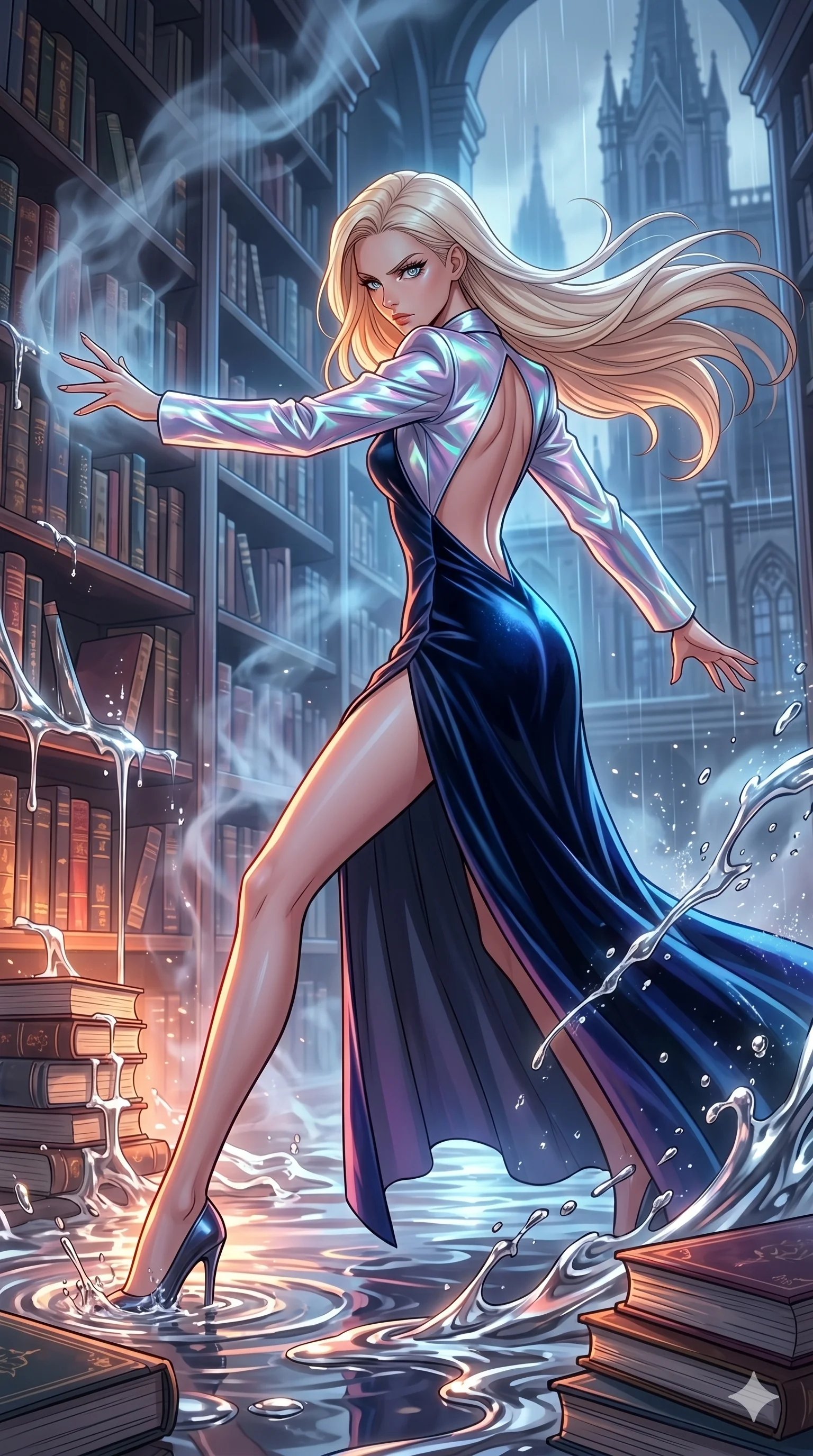 score_9, masterpiece, best quality, ultra-detailed, high-budget anime movie keyframe, cinematic anime lighting, intricate line art, Japanese anime girl. Low angle cowboy shot capturing a powerful motion and statuesque presence. shielding a library of books from a flood of liquid mercury. She has an absolutely perfect 8-heads proportion, an exceptionally tall and slender female figure with an ultra-slim waist and impossibly long slender legs. strictly human anatomy, two legs only, no extra limbs, clearly defined legs and arms, perfect anatomy, perfect hands and fingers. sharp v-shaped jawline, high-bridge nose, intricate jewel-like eyes, thick eyelashes, glossy lips. Wearing High-Fashion Editorial: Silk slip dress with high side slit, backless velvet gown, and structured blazer with nothing underneath. The scene is illuminated by dramatic atmospheric lighting and vibrant color palettes. , 2k, ultra detail, master piece, 9:16 ratio