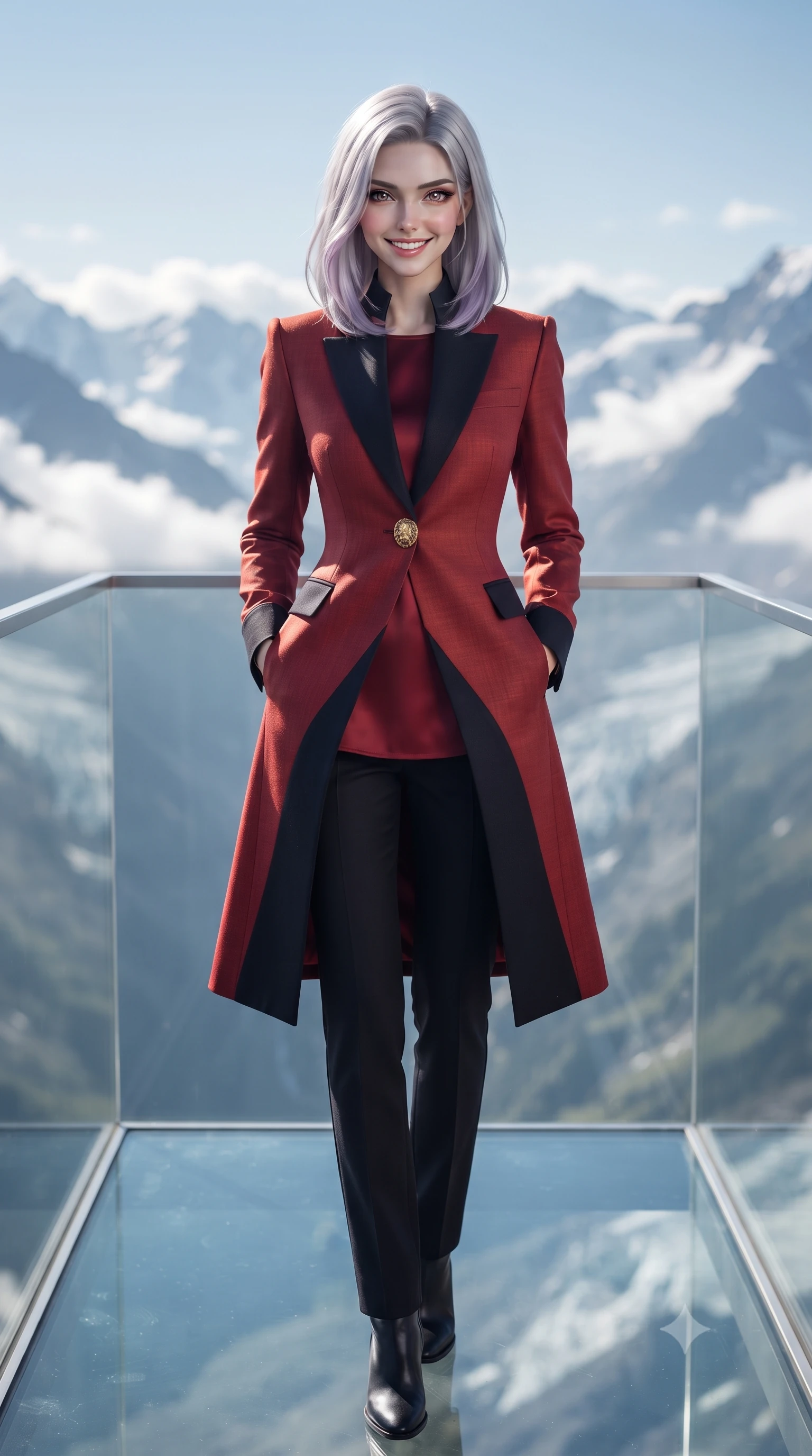 score_9, masterpiece, best quality, ultra-detailed, high-budget anime keyframe, editorial fashion photography, tasteful artistic composition, Caucasian woman. low angle full-body shot from head to toe showing her feet, filling the entire 9:16 vertical frame with her statuesque presence, stretching her vertical silhouette. standing tall and centered in the frame with hands tucked into her coat pockets, radiating statuesque poise and calm warmth while standing poised on the heated glass cantilevered viewing deck jutting over the alpine valley, opening her coat slightly with a breathtaking smile. The background shows a soft-focus endless jagged peaks of the Bernina mountain range, swirling cloud inversions in the valley below, and dazzling sunlit glaciers blurred into sapphire, stark white, and platinum bokeh. She has an exceptionally tall and slender model-like 8.5-heads proportion, an ultra-slim waist, a flat toned midriff, narrow delicate ribcage, and beautifully sculpted feminine hips creating a graceful, slim hourglass silhouette without any bulky heaviness, with impossibly long slender legs. sharp v-shaped jawline, high-bridge nose, intricate jewel-like sparkling eyes with depth, thick eyelashes, glossy parted lips with a natural peach sheen, bright cheerful beaming smile with an enchanting and coquettish sensual glint, exuding both youthful cute charm and seductive allure, flawlessly proportioned anatomical accuracy, strict slender model proportions, natural body alignment, perfectly sculpted long slender limbs, ultra-slim waistline, clean dynamic posture without body distortion. wearing a stand-collar tailored linen-silk coat layered over a minimalist silk tunic and straight-leg pressed trousers in Kyoto autumn maple crimson and deep ink black, tailored from heavyweight double-faced wool with clean architectural edges, accented with an ornate 24k gold lion-embossed crest button along the front closure, the sharp shoulder tailoring and gently nipped waist framing her slender torso with pristine sartorial perfection. illuminated by crisp platinum rim lights and soft fire pit warmth sculpting her cheekbones, narrow waist, and athletic statuesque build. ultra-reflective glossy finish, specular highlights, rich textural contrasts, high-contrast stereoscopic depth, volumetric dynamic lighting, 2k, ultra detail, master piece, 9:16 ratio
