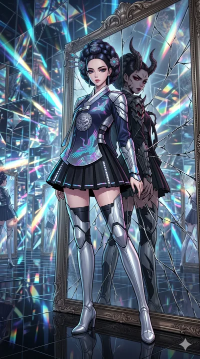 score_9, masterpiece, best quality, ultra-detailed, High-budget Anime Keyframe, beautiful Korean anime girl. Low angle cowboy shot filling the entire 9:16 frame with her statuesque presence. Standing back-to-back with a demonic version of herself tha