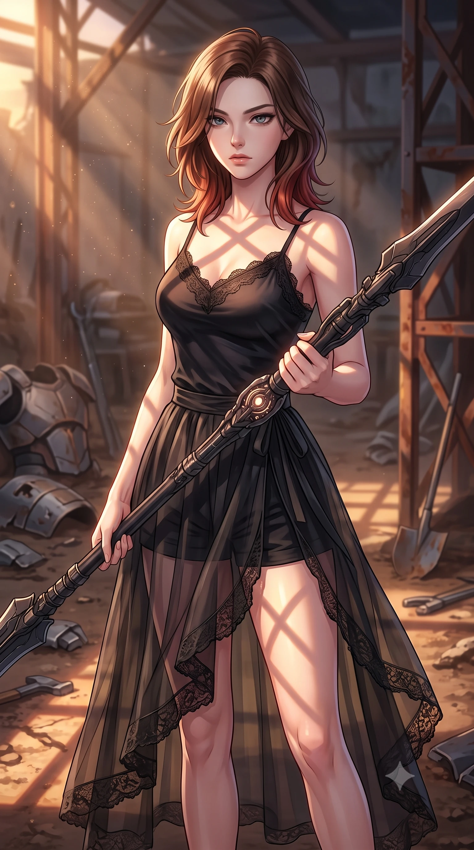 score_9, masterpiece, best quality, ultra-detailed, high-budget anime keyframe, editorial fashion photography, tasteful artistic composition, Korean woman. close-up cowboy shot from the waist and thighs up, the character dominates the composition, filling the frame with her large presence, background elements kept in soft focus. holding a deactivated nanotech glaive, looking past the camera with quiet, sharp focus and a composed expression, the background shows a soft-focus a ruined repair hangar with broken armor plates scattered across the soil. She has an exceptionally elegant, slender, and willowy female figure with an ultra-slim waist, a gracefully sculpted slender torso, and a refined silhouette. sharp v-shaped jawline, high-bridge nose, intricate jewel-like eyes with depth, thick eyelashes, glossy lips with a natural sheen. wearing a form-contouring delicate lace-trim camisole in black silk, paired with a sheer organza wrap skirt and combat shorts. dramatic sunset light casting long, geometric metal shadow lines on her form. highly saturated vibrant anime colors, detailed shading with soft gradients, rich glossy textures, high-contrast stereoscopic depth, volumetric dynamic lighting, master piece, 9:16 ratio