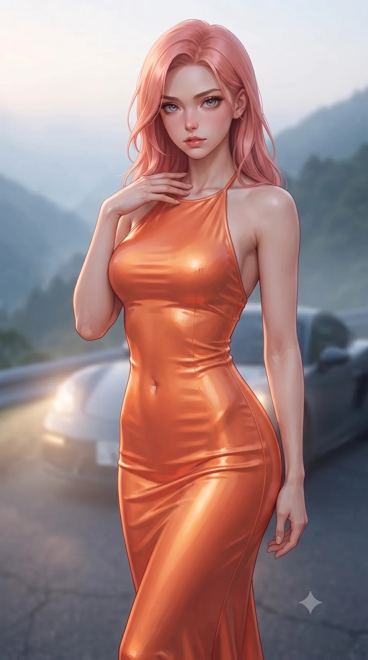 score_9, masterpiece, best quality, ultra-detailed, high-budget anime keyframe, editorial fashion photography, tasteful artistic composition, Japanese woman. close-up cowboy shot from the waist and thighs up, the character dominates the composition, filling the frame with her large presence, background elements kept in soft focus. standing with one hand resting on her collarbone, looking at the viewer with bedroom-eyes the background shows a soft-focus a quiet mountain road overlook with a parked sports car and a misty valley below. She has an exceptionally elegant, slender, and willowy female figure with an ultra-slim waist, a gracefully sculpted slender torso, and a refined silhouette. sharp v-shaped jawline, high-bridge nose, intricate jewel-like eyes with depth, thick eyelashes, glossy lips with a natural sheen. wearing a body-hugging form-fitting liquid silk halter-neck maxi dress in sunset orange, draped elegantly to highlight her slender frame. soft morning mist diffusing the warm headlights of the car. ultra-reflective glossy finish, specular highlights, metallic sheen, high-contrast stereoscopic depth, volumetric dynamic lighting, 2k, ultra detail, master piece, 9:16 ratio