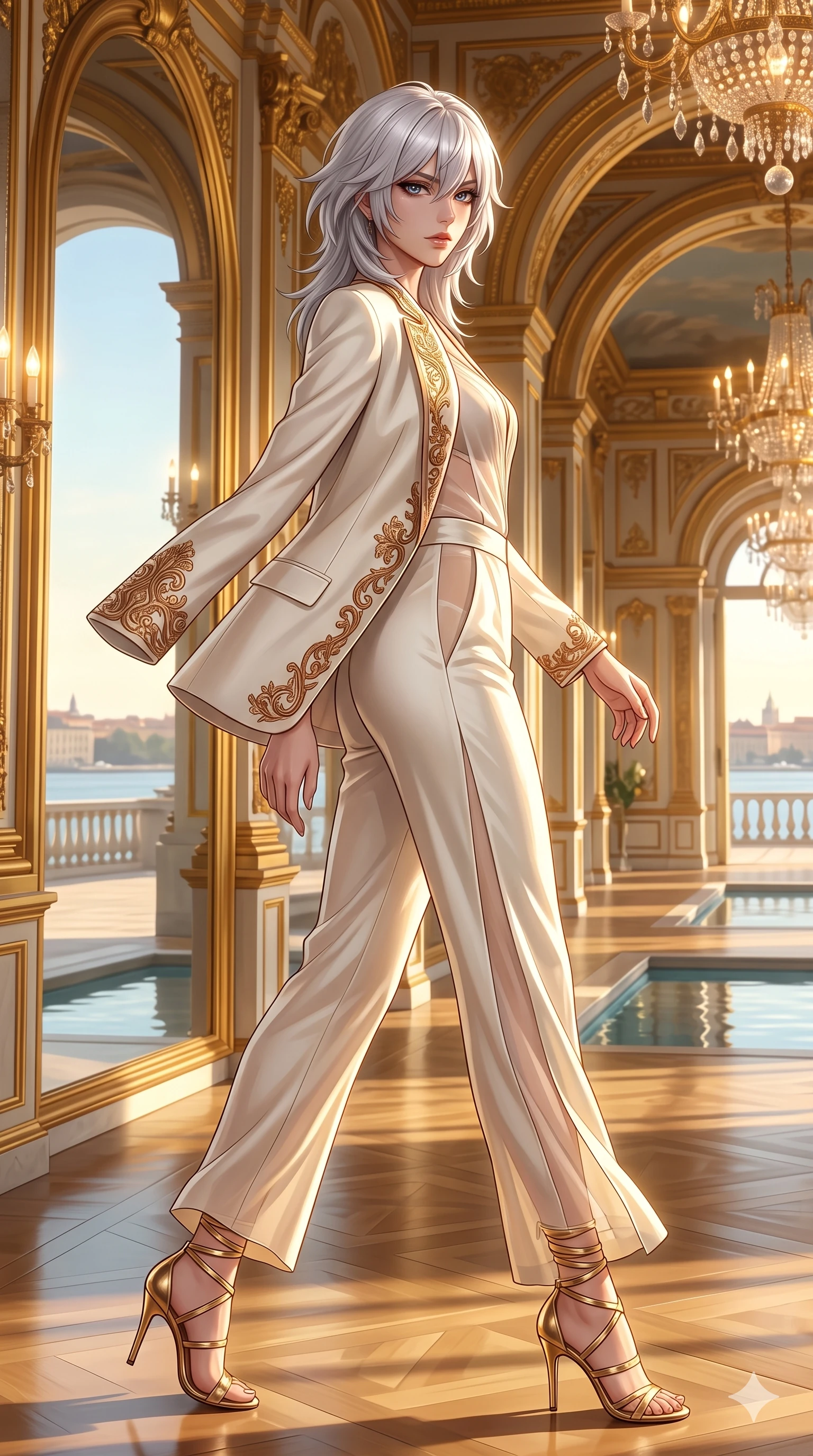 score_9, masterpiece, best quality, ultra-detailed, high-budget anime keyframe, semi-realistic 3D game render, editorial fashion photography, tasteful artistic composition, Japanese woman. low angle full-body shot from head to toe showing her feet, filling the entire 9:16 vertical frame with her statuesque presence, stretching her vertical silhouette. walking along the waterfront terrace with poise, looking back over her bare shoulder with an irresistible smoldering bedroom-gaze while standing poised in the grand mirror gallery, arching her lower back with sovereign supermodel grace as endless reflections recede into gilded infinity. The surrounding environment is rendered in vivid detail and crisp panoramic clarity: detailed second-skin silk jersey tailoring, sheer side mesh panels, and opulent European palace interiors in razor-sharp clarity. She has an exceptionally tall and slender model-like 8.5-heads proportion, an ultra-slim waist, a flat toned midriff, narrow delicate ribcage, and beautifully sculpted feminine hips creating a graceful, slim hourglass silhouette without any bulky heaviness, with impossibly long slender legs. sharp v-shaped jawline, high-bridge nose, intricate jewel-like sparkling eyes with depth, thick eyelashes, glossy parted lips with a natural sheen, intensely captivating and seductive bedroom-eyes expression, exuding both youthful cute charm and sovereign luxury allure, flawlessly proportioned anatomical accuracy, strict slender model proportions, natural body alignment, perfectly sculpted long slender limbs, ultra-slim waistline, clean dynamic posture without body distortion. wearing a bespoke Venetian tailored pantsuit in liquid ivory silk with golden filigree embroidery tracing the lapels in imperial vermilion silk and warm bronze, tailored from heavy double-faced silk georgette with an exceptionally fluid drape, complemented by strappy stiletto sandals with metallic ankle wraps accentuating her slender calves, the impeccably tailored cut draping gracefully along her slender figure with aristocratic poise. illuminated by mirrored wall bounce and sharp diamond-gold rim lights carving her sculpted collarbones, ultra-slim waist, and curvy hips. highly saturated vibrant anime colors, detailed shading with soft gradients, rich glossy textures, high-contrast stereoscopic depth, volumetric dynamic lighting, master piece, 9:16 ratio