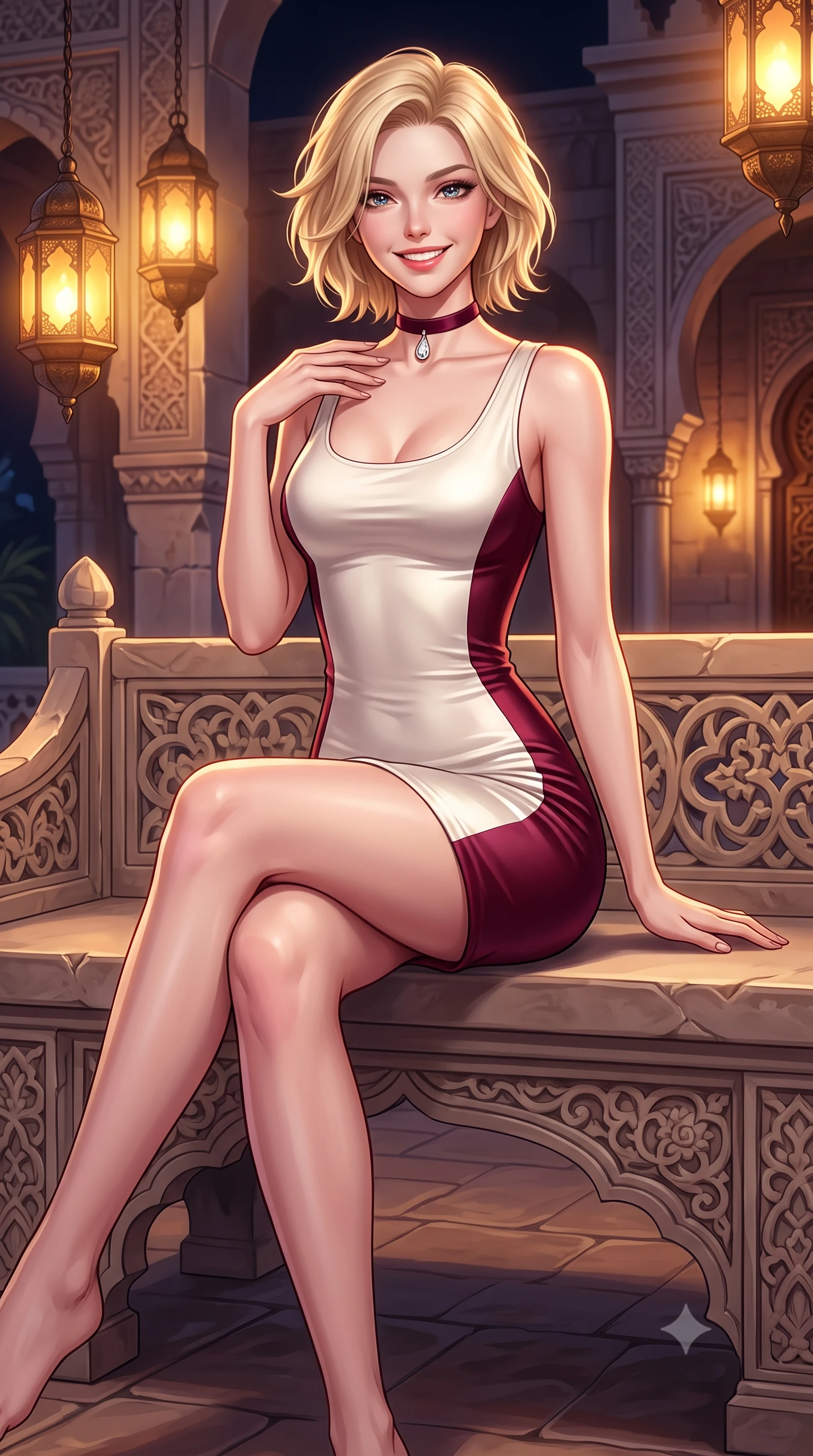 score_9, masterpiece, best quality, ultra-detailed, high-budget anime keyframe, semi-realistic 3D game render, editorial fashion photography, tasteful artistic composition, Caucasian woman. close-up cowboy shot from the waist and thighs up, the character dominates the composition, filling the frame with her large presence. perched sideways on the lounge seat, one knee drawn up to showcase her slender leg line while her arched back accentuates her feminine hip curve while sitting gracefully on the carved stone bench with legs crossed, running one manicured hand slowly down her collarbone with magnetic allure. The surrounding environment is rendered in vivid detail and crisp panoramic clarity: detailed outfit silhouette, fabric cling or tailoring, and world-heritage Moorish stonecraft in razor-sharp precision. She has an exceptionally elegant, slender, and willowy female figure with an ultra-slim waist, flat toned midriff, narrow ribcage, and sculpted feminine hips creating an alluring, slim hourglass silhouette without bulk. sharp v-shaped jawline, high-bridge nose, intricate jewel-like sparkling eyes with depth, thick eyelashes, glossy parted lips with a natural peach sheen, bright cheerful beaming smile with an enchanting and coquettish sensual glint, exuding both youthful cute charm and seductive allure, flawlessly proportioned anatomical accuracy, strict slender model proportions, natural body alignment, perfectly sculpted long slender limbs, ultra-slim waistline, clean dynamic posture without body distortion. wearing a glove-like stretch modal tank dress adhering tightly to her flat midriff and feminine hips in Belvedere ivory pearl and Habsburg bordeaux wine, crafted from fluid liquid silk satin that clings smoothly to her narrow waist and rounded hips with a dewy sheen, finished with a thin velvet ribbon choker and a single teardrop diamond pendant, the second-skin tailored fabric adhering flawlessly to her sculpted flat midriff and slender torso, emphasizing her long leg lines and perfectly proportioned willowy build. bathed in the warm mystical 2300K amber glow of hanging bronze lantern lamps dimmed to an evening ceremony ambiance. highly saturated vibrant anime colors, detailed shading with soft gradients, rich glossy textures, high-contrast stereoscopic depth, volumetric dynamic lighting, master piece, 9:16 ratio