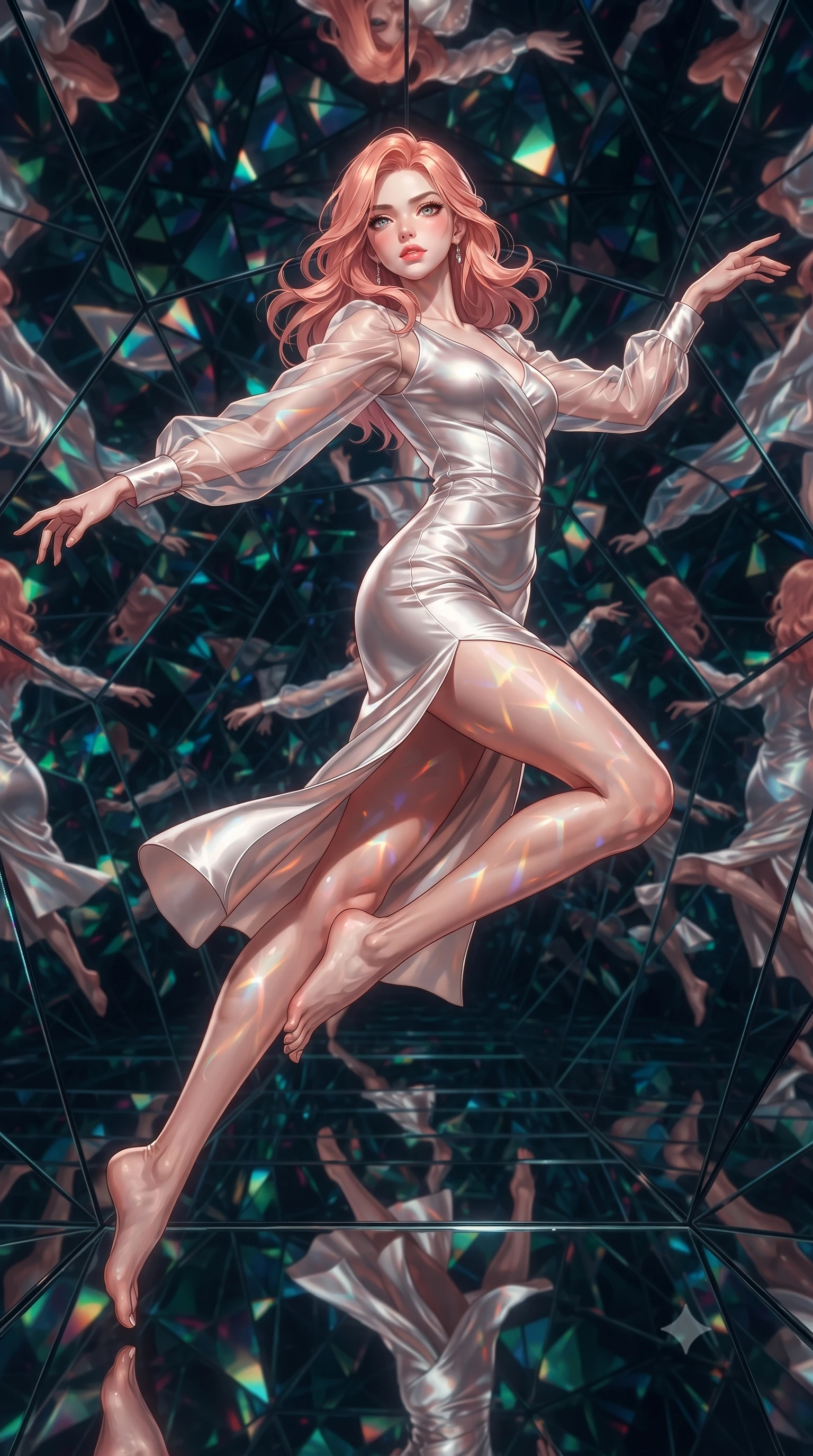 score_9, masterpiece, best quality, ultra-detailed, high-budget anime keyframe, editorial fashion photography, tasteful artistic composition, Japanese woman. low angle full-body shot from head to toe showing her feet, filling the entire 9:16 vertical frame with her statuesque presence, stretching her vertical silhouette. pivoting dynamically in zero-gravity with fluid body alignment, displaying her perfect model proportions while leaping through a kaleidoscope mirror corridor as her reflection multiplies endlessly, a kaleidoscope of refractions forming geometric light patterns on her skin. She has an absolutely perfect, statuesque 8.5-heads proportion, an exceptionally tall and slender model-like female figure with impossibly long slender legs and an ultra-slim waist. sharp v-shaped jawline, high-bridge nose, intricate jewel-like eyes with depth, thick eyelashes, glossy lips with a natural sheen, flawlessly proportioned anatomical accuracy, natural body alignment, perfectly sculpted elegant limbs, clean dynamic posture without body distortion. wearing a sleek bodycon knit dress with strategic sheer organza sleeve panels in pearl white and rose gold, crafted from lustrous satin jersey with fluid draping, finished with a sleek side slit ascending to mid-thigh, the form-contouring material highlighting her ultra-slim waist and long lines. surrounded by a radiant, high-energy reflection aura. ultra-reflective glossy finish, specular highlights, metallic sheen, high-contrast stereoscopic depth, volumetric dynamic lighting, 2k, ultra detail, master piece, 9:16 ratio