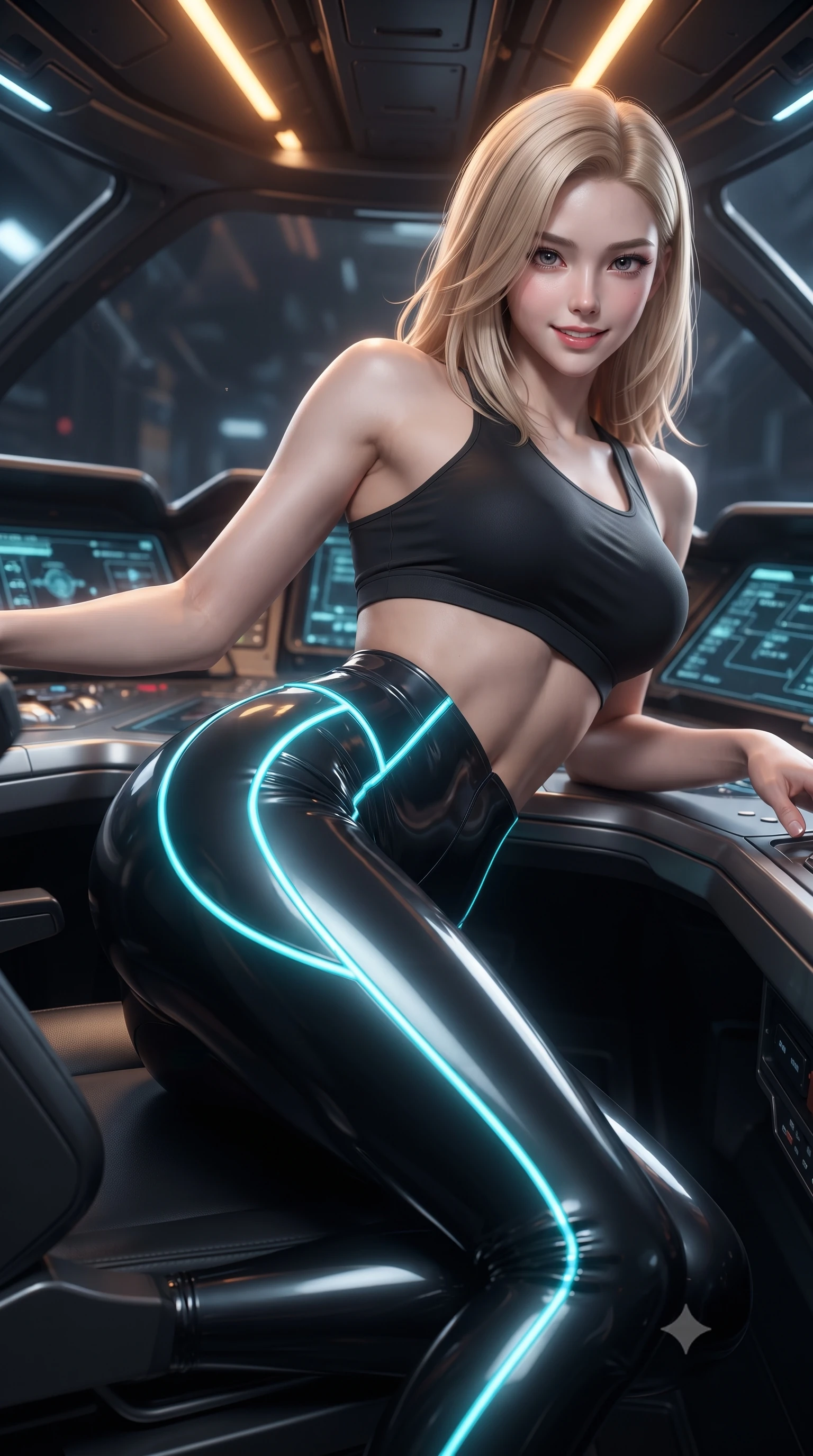 score_9, masterpiece, best quality, ultra-detailed, high-budget anime keyframe, editorial fashion photography, tasteful artistic composition, Korean woman. close-up cowboy shot from the waist and thighs up, the character dominates the composition, filling the frame with her large presence. turning slowly with a smoldering smile, her sleek hair catching the cockpit HUD rim light as her hips angle gracefully in a captivating contrapposto while lounging on an elevated carbon-composite console propped on one elbow, her flat midriff and long slender limbs glowing in liquid metal reflections. The surrounding environment is rendered in vivid detail and crisp panoramic clarity: sharp liquid metal surface tension ripples, brushed titanium tank edges, and circuit board trace clarity in deep focus. She has an exceptionally elegant, slender, and willowy female figure with an ultra-slim waist, flat toned midriff, narrow ribcage, and sculpted feminine hips creating an alluring, slim hourglass silhouette without bulk. sharp v-shaped jawline, high-bridge nose, intricate jewel-like sparkling eyes with depth, thick eyelashes, glossy parted lips with a natural sheen, bright confident smile with an enchanting and coquettish sensual glint, exuding both youthful magnetic charm and sovereign high-tech allure, flawlessly proportioned anatomical accuracy, strict slender model proportions, natural body alignment, perfectly sculpted long slender limbs, ultra-slim waistline, clean dynamic posture without body distortion. wearing a tactical racerback athletic crop top paired with skin-tight high-waisted holographic combat leggings in matte obsidian black and glowing neon cyan trim, tailored from ultra-reflective glossy liquid vinyl with mirror-like specular highlights, accented with glowing neon fiber-optic piping tracing her spine and hip lines, the aerodynamic second-skin silhouette tightly following the natural contour of her hips and long slender legs with youthful 8.5-heads elegance. illuminated by overhead amber laser guides and sharp chrome rim lights sculpting her razor-sharp jawline, narrow waist, and curvy hips. ultra-reflective glossy finish, specular highlights, rich textural contrasts, high-contrast stereoscopic depth, volumetric dynamic lighting, 2k, ultra detail, master piece, 9:16 ratio