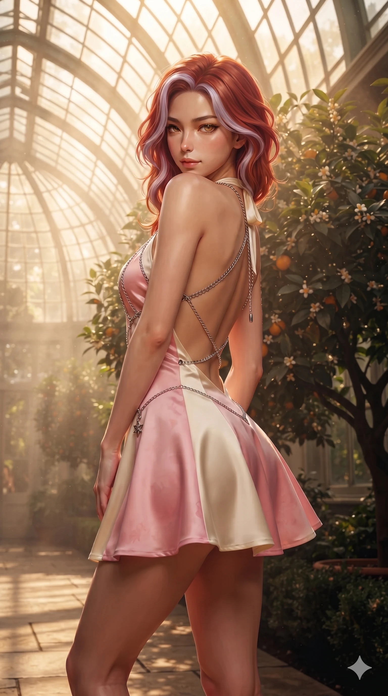 score_9, masterpiece, best quality, ultra-detailed, high-budget anime keyframe, editorial fashion photography, tasteful artistic composition, Caucasian woman. close-up cowboy shot from the waist and thighs up, the character dominates the composition, filling the frame with her large presence. twisting her slender torso in a deep contrapposto stance, hips dramatically shifted to accentuate her feminine curves while looking past her shoulder with smoldering bedroom-eyes while standing poised beneath the soaring curved glass ceiling beside a flowering citrus tree, arching her spine with ethereal siren poise as afternoon sunbeams lance through glass panes. The background shows a soft-focus warm botanical greenhouse mist softened in palatial orangerie shallow focus. She has an exceptionally elegant, slender, and willowy female figure with an ultra-slim waist, flat toned midriff, narrow ribcage, and sculpted feminine hips creating an alluring, slim hourglass silhouette without bulk. sharp v-shaped jawline, high-bridge nose, intricate jewel-like sparkling eyes with depth, thick eyelashes, glossy parted lips with a natural sheen, intensely captivating and seductive bedroom-eyes expression, exuding both youthful cute charm and sovereign luxury allure, flawlessly proportioned anatomical accuracy, strict slender model proportions, natural body alignment, perfectly sculpted long slender limbs, ultra-slim waistline, clean dynamic posture without body distortion. wearing an alluring backless metallic lamé halterneck mini dress with deep scoop back down to her lower spine and thigh-high slit in sakura blossom pink and warm ivory, woven from buttery-soft stretch lambskin leather adhering to her body like a second skin, accented with an open-back drape framed by falling strands of delicate chrome chains, the glove-like clinging cut tightly following the natural contour of her hips and long slender legs with youthful 8.5-heads elegance. bathed in the radiant, sun-drenched greenhouse light filtering through textured glass panes creating high-contrast dappled highlights. ultra-reflective glossy finish, specular highlights, rich textural contrasts, high-contrast stereoscopic depth, volumetric dynamic lighting, 2k, ultra detail, master piece, 9:16 ratio